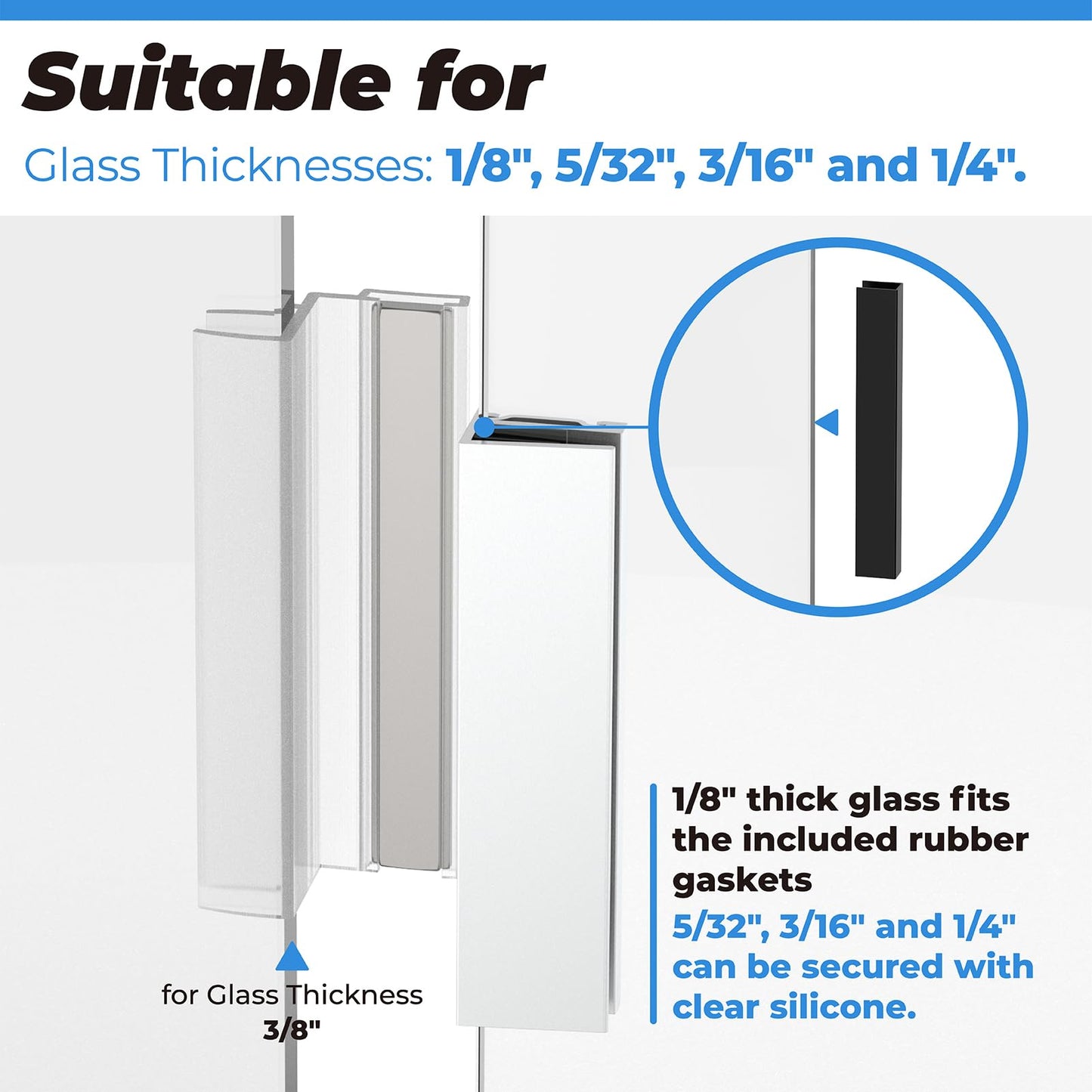 U Channel Door Frame with Metal Strike for 1/8" 5/32" 3/16" and 1/4" Thick Swing Glass Shower Doors, U Channel Door Frame with Clear Polycarbonate and Magnet for 3/8" Frame and Frameless Shower Door