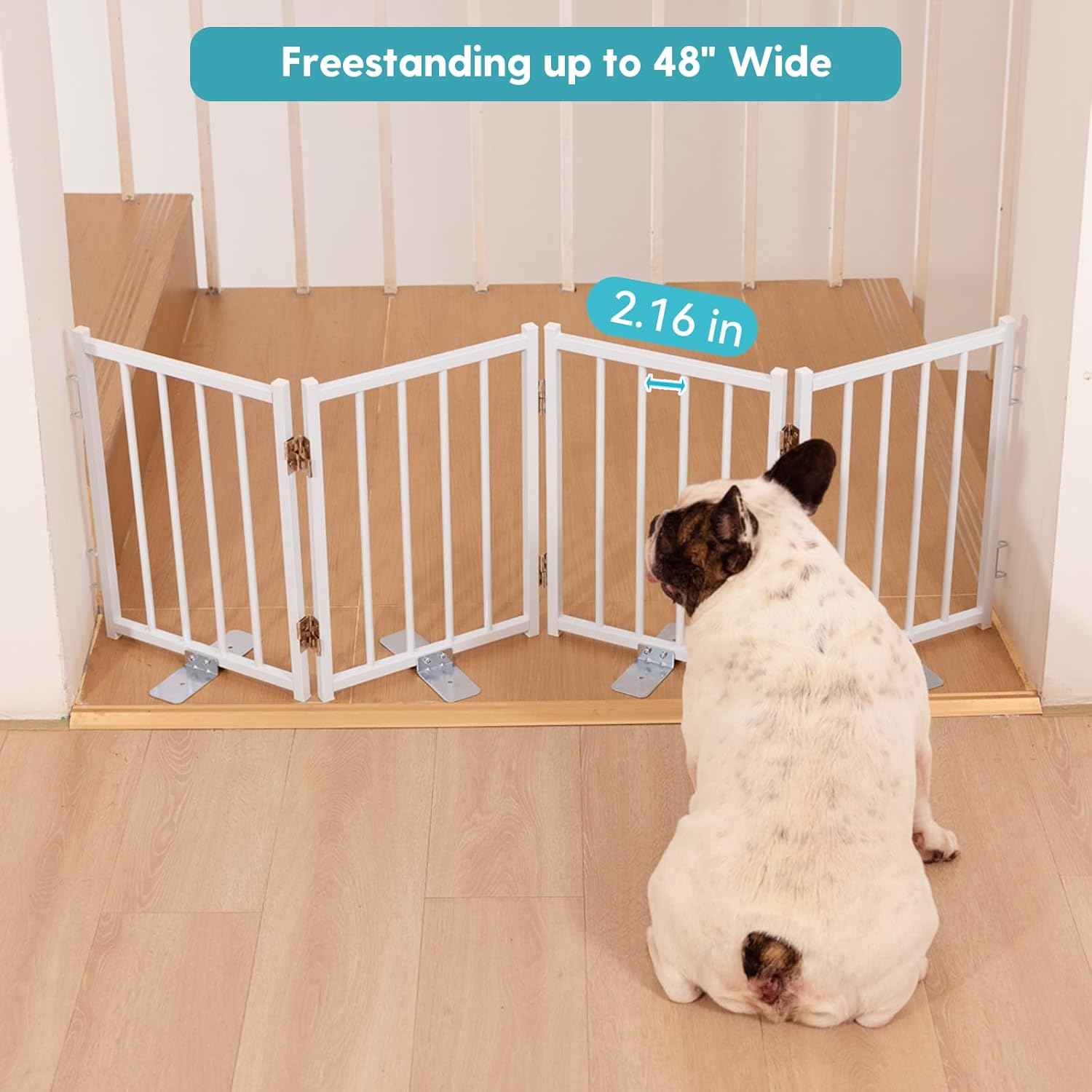 Free Standing Short Dog Gate - 16.5'' Tall Foldable Puppy Fence for Indoor/Outdoor Use, Extra Wide 48'' for Stairs & Doorways (White, 4 Panels)