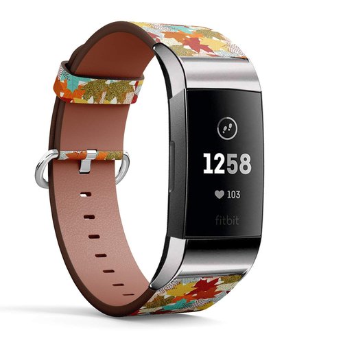 Compatible with Fitbit Charge 3 & 3 SE - Leather Wristband Bracelet Replacement Accessory Band (Includes Adapters) - Fall Maple Leaves