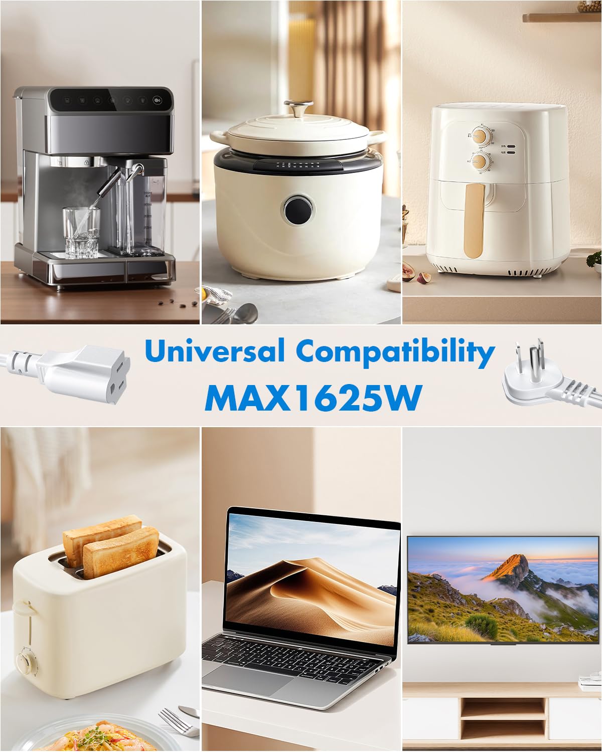 Flat Plug 1Ft Short Extension Cord, White 90-Degree Plug Low Profile Power Adapter, 3-Prong Indoor Grounded Small Extension Cord 16AWG 13A 1625W 2 Pack