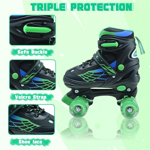 Roller Skates for Kids, Adjustable Quad Skates for Boys and Girls Ages 5-8 with Light Up Wheels, Children Beginners Rollerskates Green for Indoor Outdoor