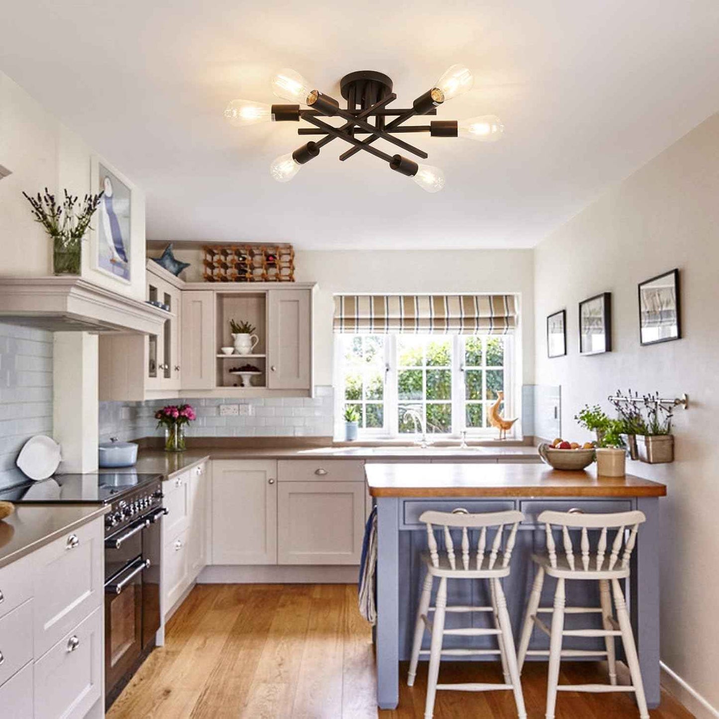 Gold Modern 6-Light Semi Flush Mount Ceiling Light Fixture - Vintage Sputnik Chandelier for Kitchen, Dining & Living Room