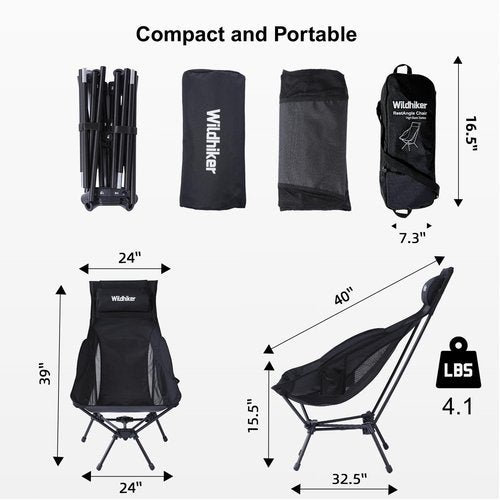 Wildhiker Portable Compact Folding Camping Chairs – Lightweight High Back with Pillow, Deep Recline, ArmPads, Side Pockets-for Motorcycle, RV, Backpacking, Travel, Festival – Black