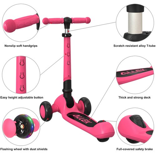 Allek Kick Scooter Foldable F02, 3-Wheel LED Flashing Glider and 4 Adjustable Height with Anti-Slip Thick Deck Push Scooter for Children 3-12yrs (Pink)