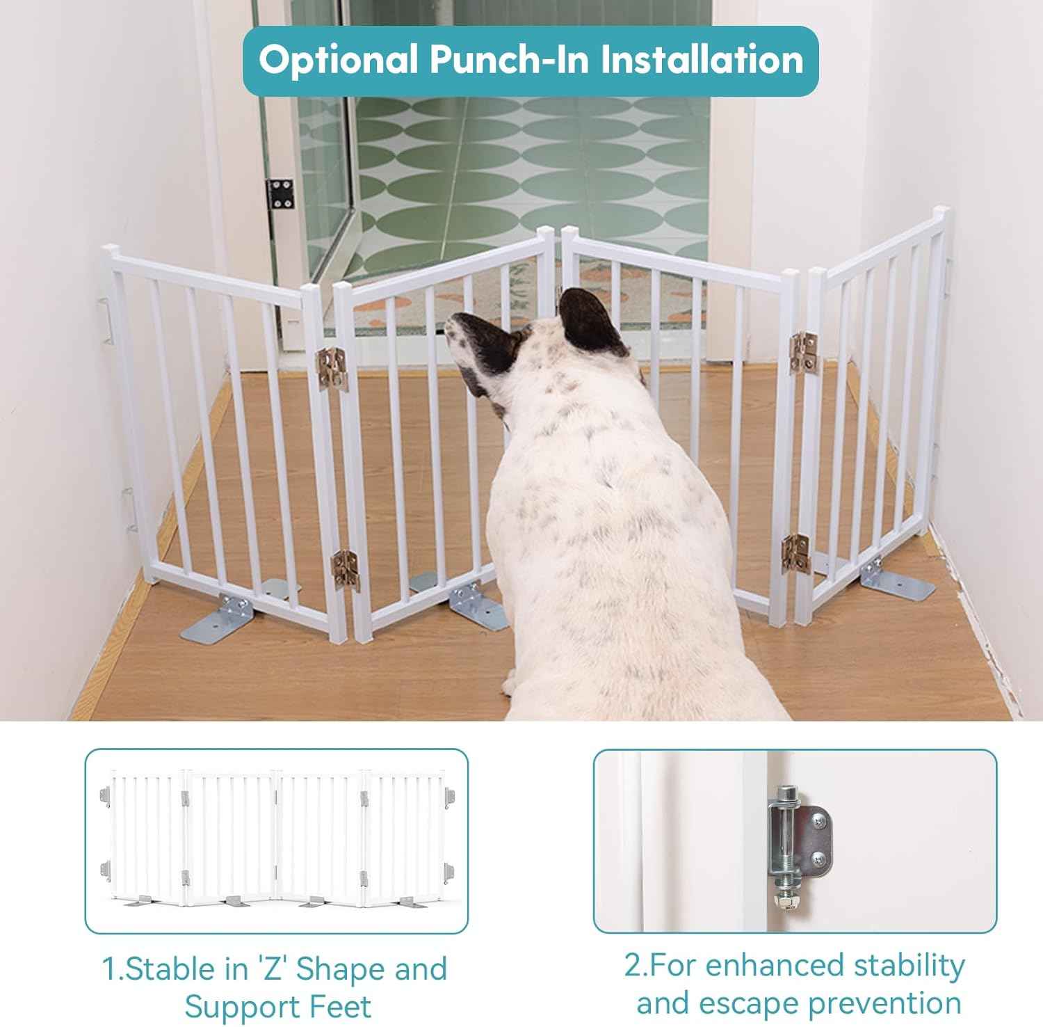 Free Standing Short Dog Gate - 16.5'' Tall Foldable Puppy Fence for Indoor/Outdoor Use, Extra Wide 48'' for Stairs & Doorways (White, 4 Panels)