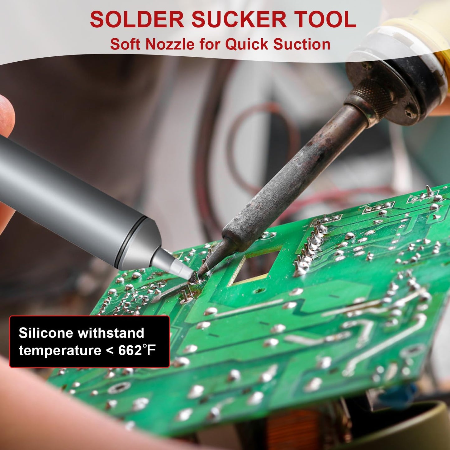 SILADKN Desoldering Tool for Engineer, 30hg-cm Strong Suction Metal Soldering Iron Solder Sucker, Manual Vacuum Suction Soldering with 50mm Silicone Nozzle for Integrated Circuit Board Repair 1PCS