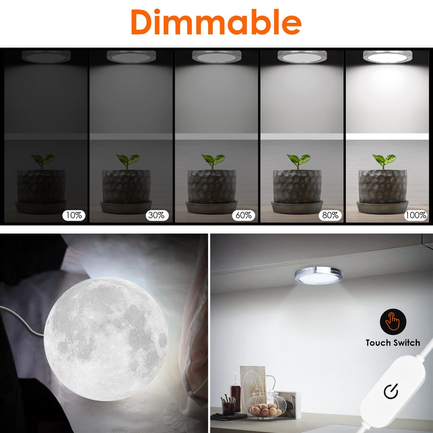 AuyiHomu Single Under Cabinet LED Puck Lights Plug in, 3D Printer LED Lamp Kit 001 DIY USB Powered 5V Dimmable Touch Switch Ultra Thin for Kitchen/Cabinet/Wardrobe/Showcase (Cool White/6000K)