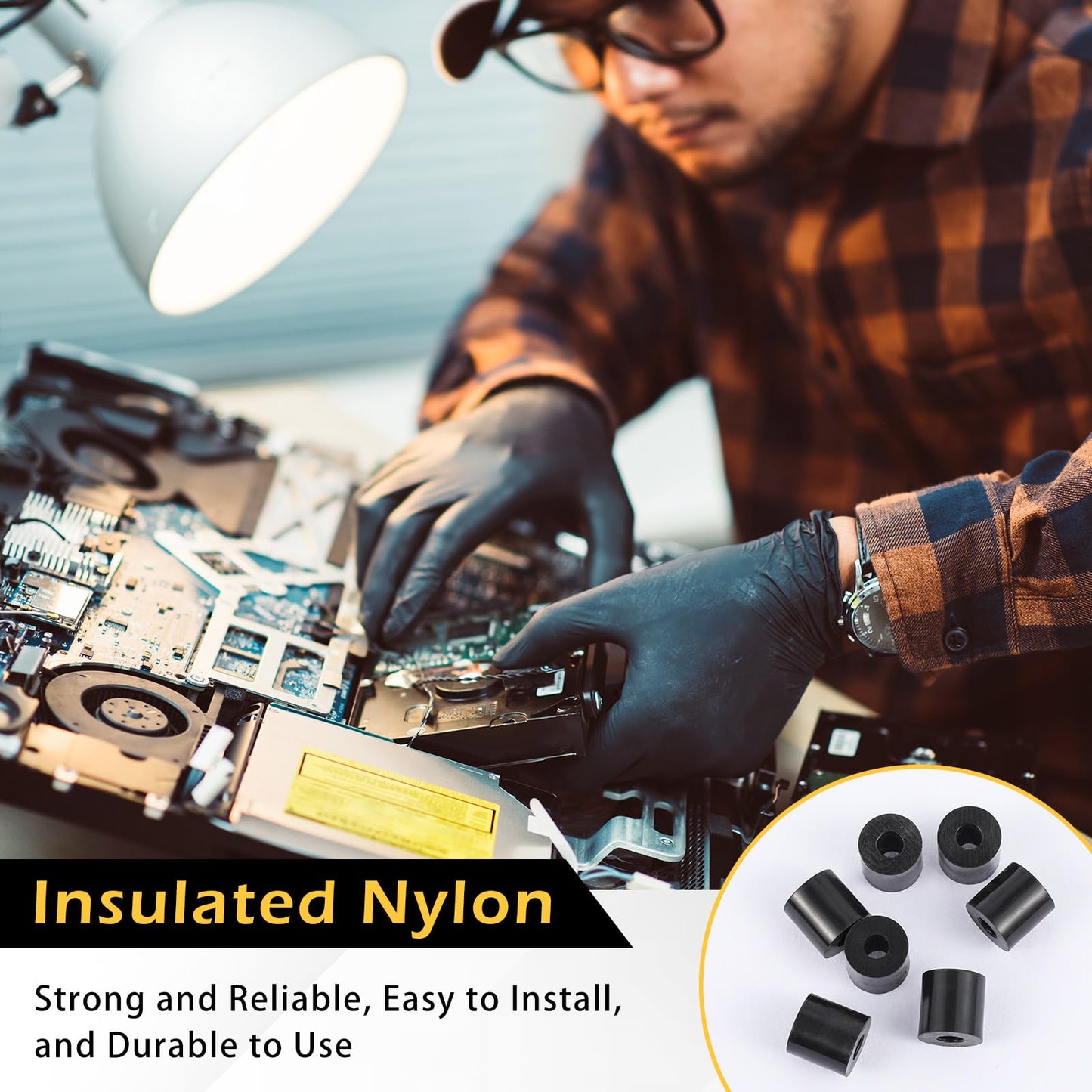 Pasimy 100 Pcs Black Nylon Spacers 1/2 '' Thick, 1/2 '' OD 0.194 '' ID Round Rubber Plastic Washers Electrical Outlet Screw Spacers for Robotics Electrical Screws, Switch and Receptacle