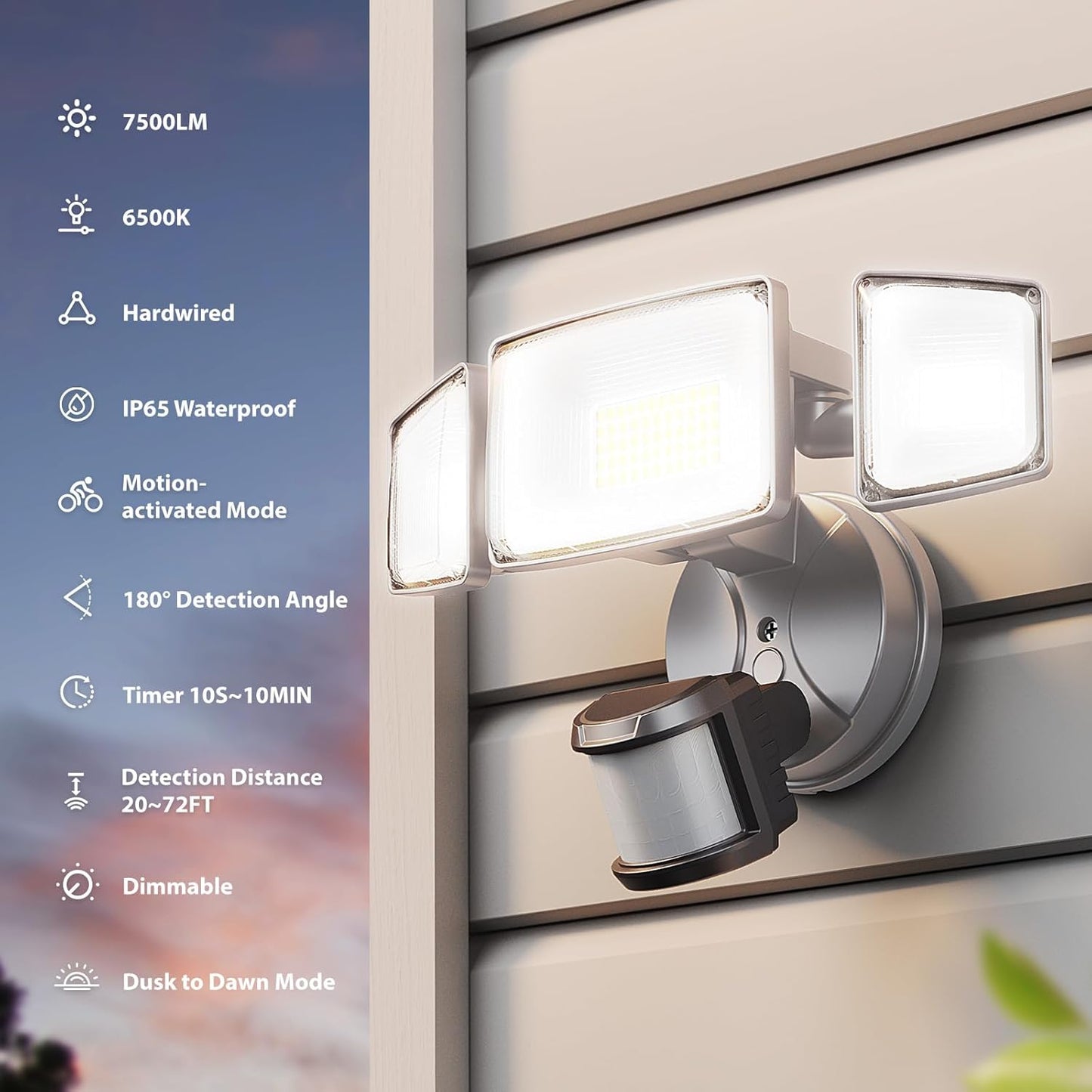 75W LED Motion Sensor Flood Light - Dusk to Dawn Outdoor Security Light, 7500LM, IP65 Waterproof