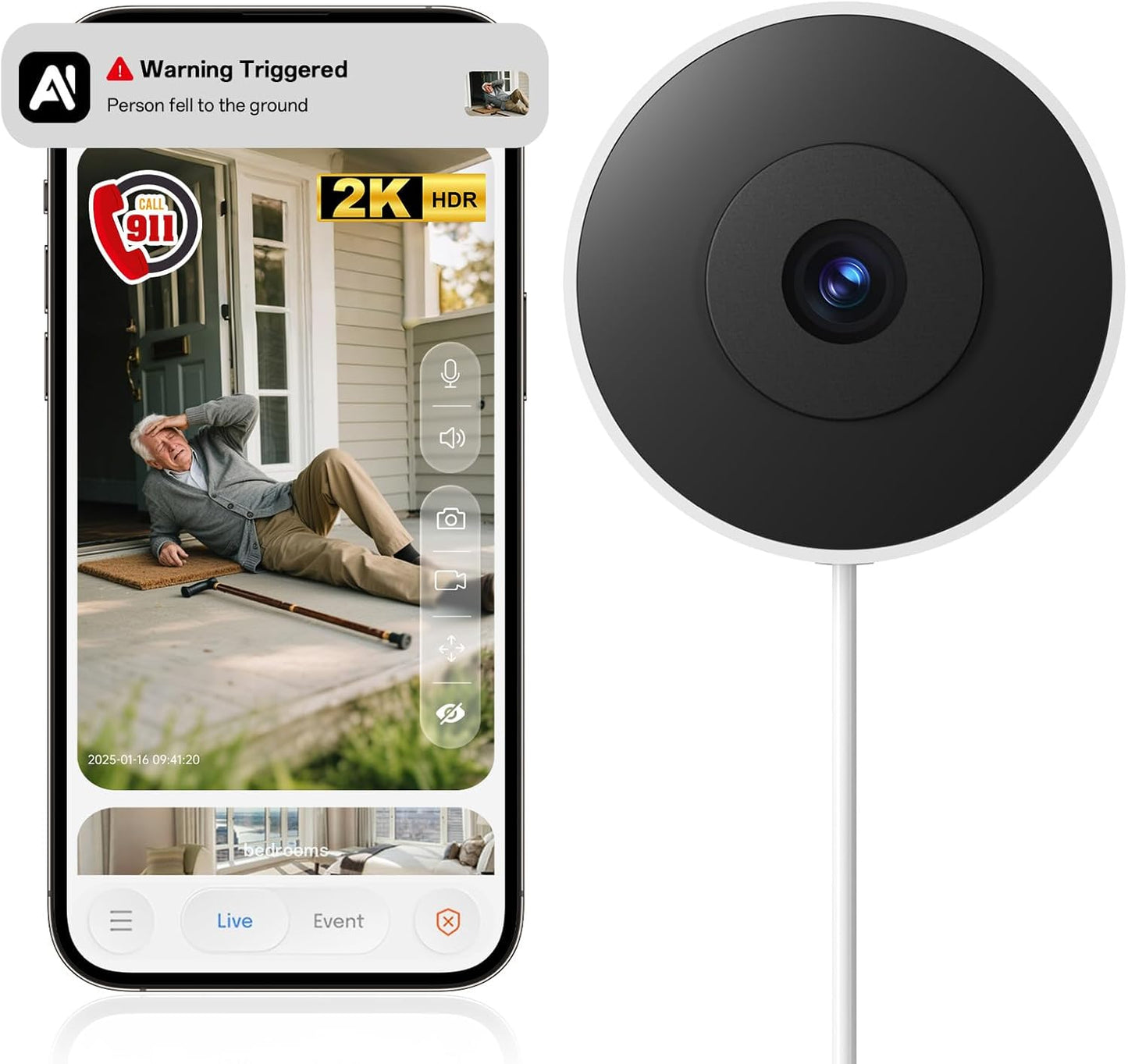 2K Indoor Security Camera with Starlight Night Vision & AI Detection - 24/7 Recording, 2-Way Talk, Easy Install