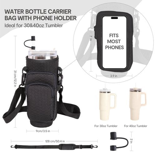 &And Per Se Neoprene Water Bottle Carrier Bag for Stanley 40oz Tumbler, Crossbody Sling with Phone Pocket & Detachable Strap, Adjustable Shoulder Holder Pouch with Charm, for Gym Travel(Black)
