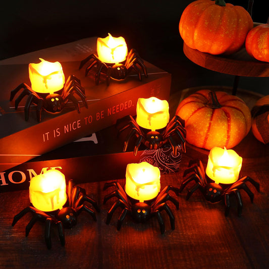 KIMOBER 6Pcs Halloween Flameless Candles,3D Spider Warm LED Tea Light Candles for Indoor Halloween Decorations Home Halloween Decor