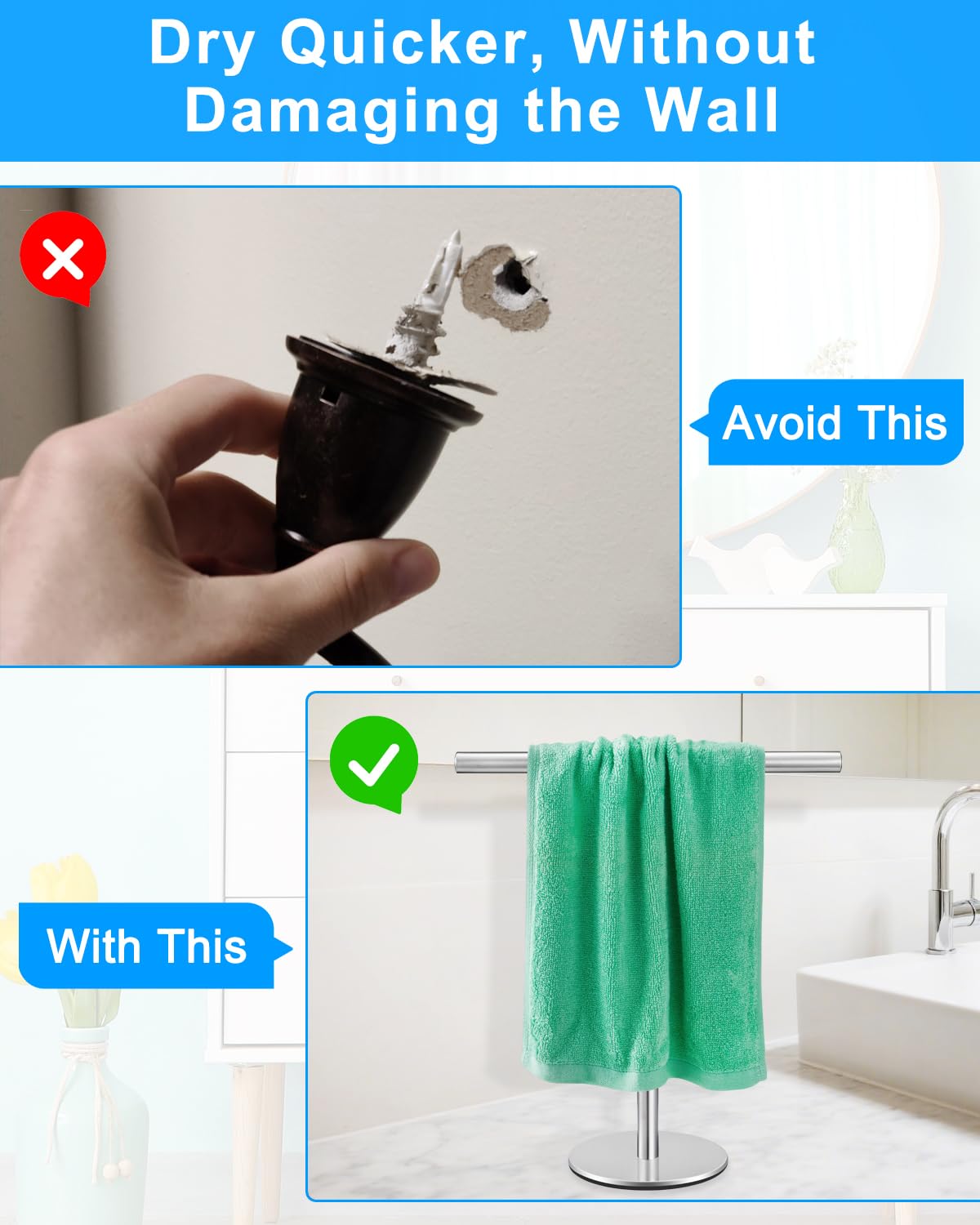 Standing Hand Towel Holder, T-Shape Towel Rack Stand, Stainless Steel Towel Bar for Bathroom Kitchen Vanity Countertop, Nickel