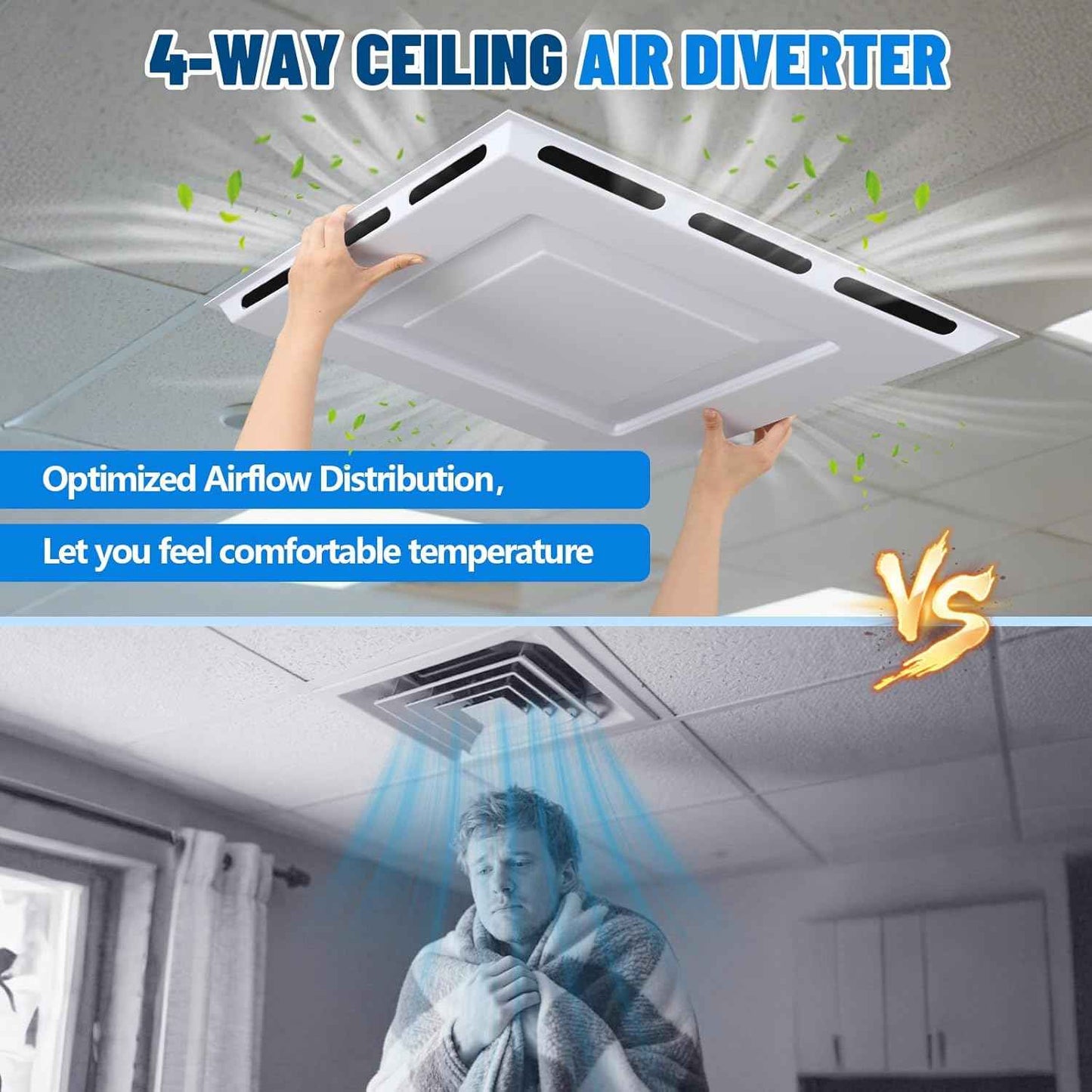 24x24 Ceiling Vent Deflector - 4-Way Air Diverter for Drop Ceilings, No Tools Needed