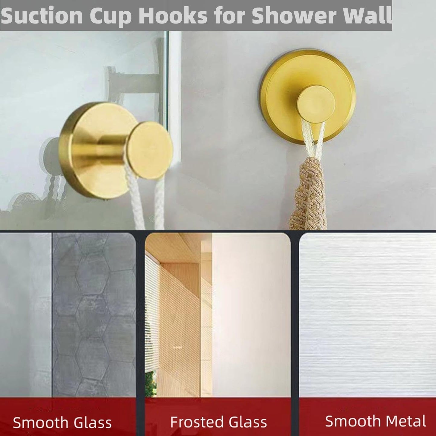 Suction Cup Hooks for Shower Wall, Luxegrip No Drill Hook, Removable Reusable Stainless Steel Towel Hooks, Shower Hooks for inside shower, Kitchen, Glass Door, Window, Mirror, smooth tile (4, Gold)