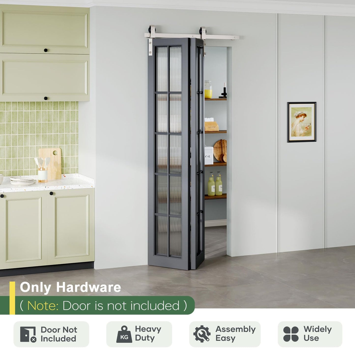 Roymelo 40" Brushed Nickel Bifold Sliding Barn Door Hardware Track Kit,Side Mounted J Shape Roller,Smoothly and Quietly,Assembly Easy,Fit Double 18" Bi-Folding Doors (Door Not Included)