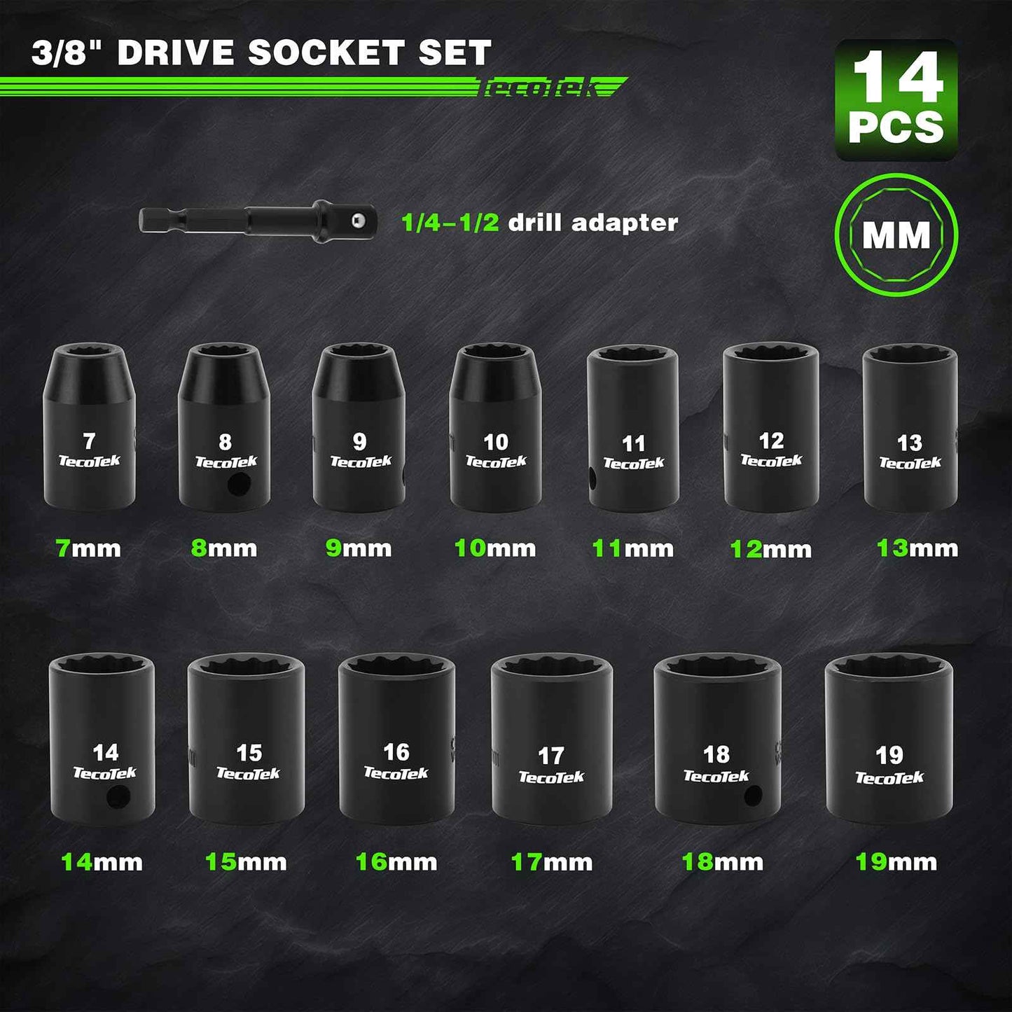 TecoTek 14 Pieces 3/8-Inch Drive Impact Socket Set, 12-Point, Metric, Shallow, CR-V, 7mm to 19mm, Drill Socket Adapter 3/8"