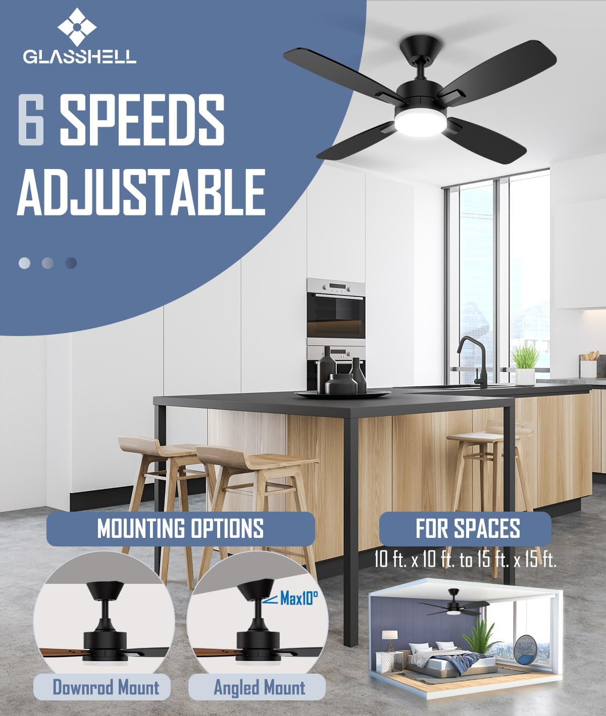 52-Inch Ceiling Fan with Remote Control & Dimmable Light - Noiseless DC Motor for Indoor/Outdoor Use