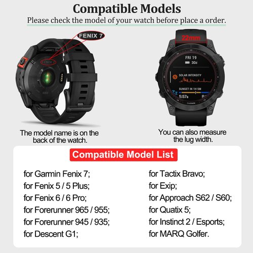VINIUSIKI 22mm Fenix 7 Pro Straps,Easy Fit Silicone Wristband Replacement for Garmin Fenix 6 Pro Descent G1 Tactix Bravo Approach S62 Fenix 5 Plus Forerunner 965 955 Watch Bands,Black Red