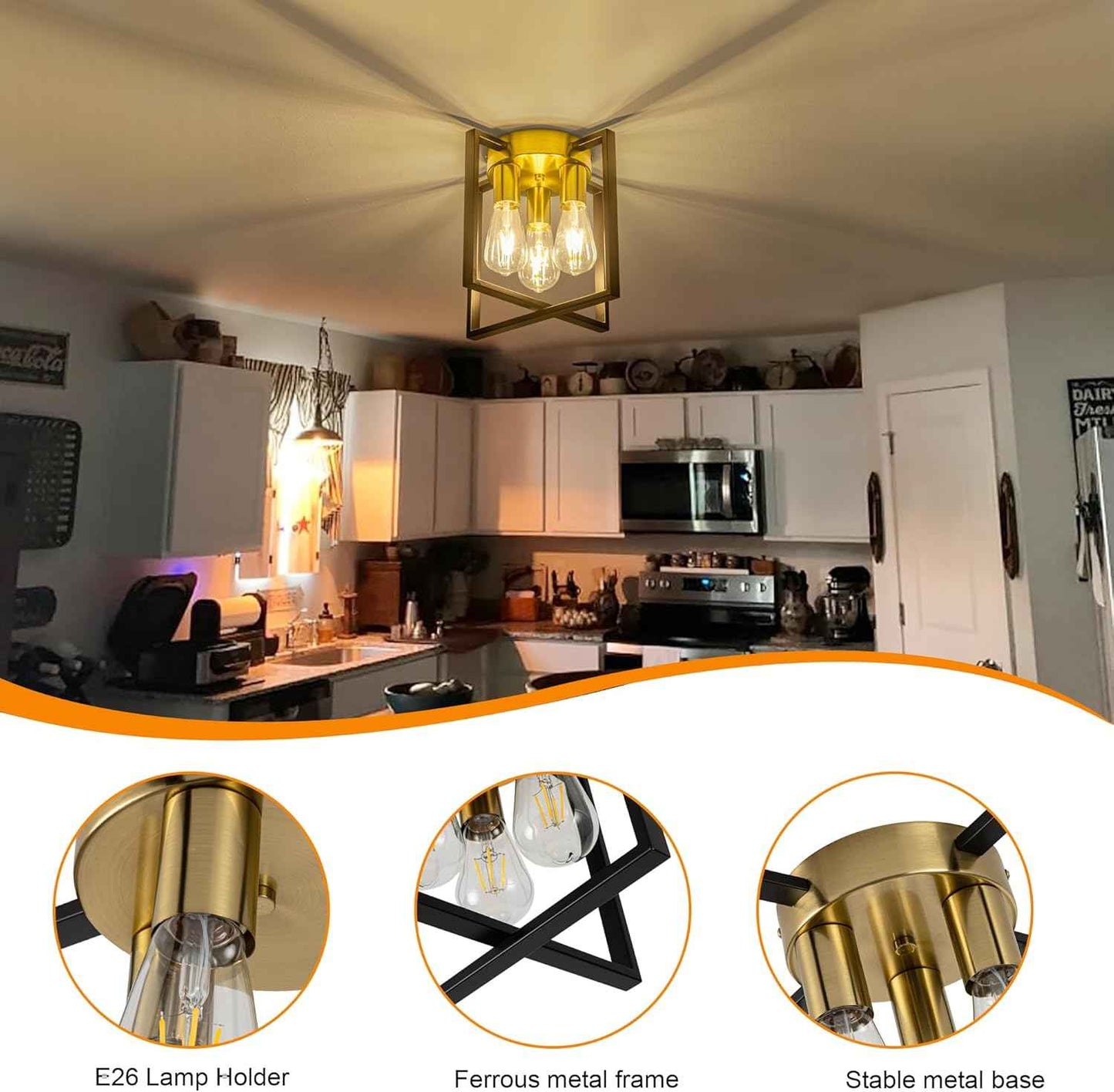Brushed Nickel 3-Light Flush Mount Ceiling Light Fixture - Modern Geometric Design for Living Room, Kitchen, Dining Room, and Hallways
