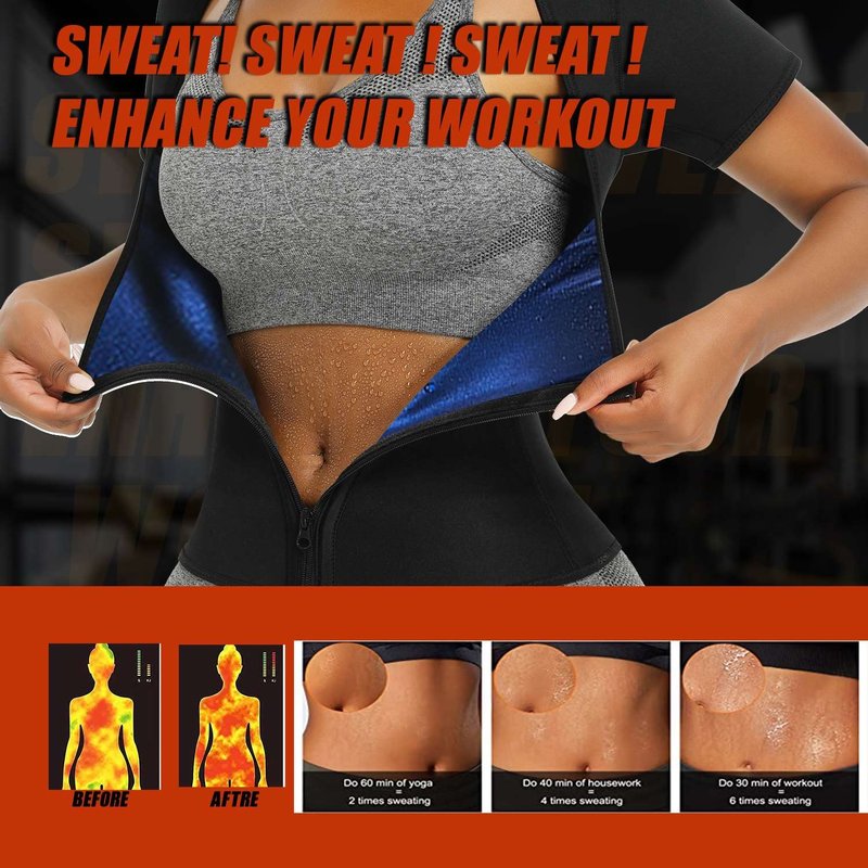 REMEBSWEAT Sauna Suit Shirt Waist Trainer For Women workout Set Short Sleeve,L