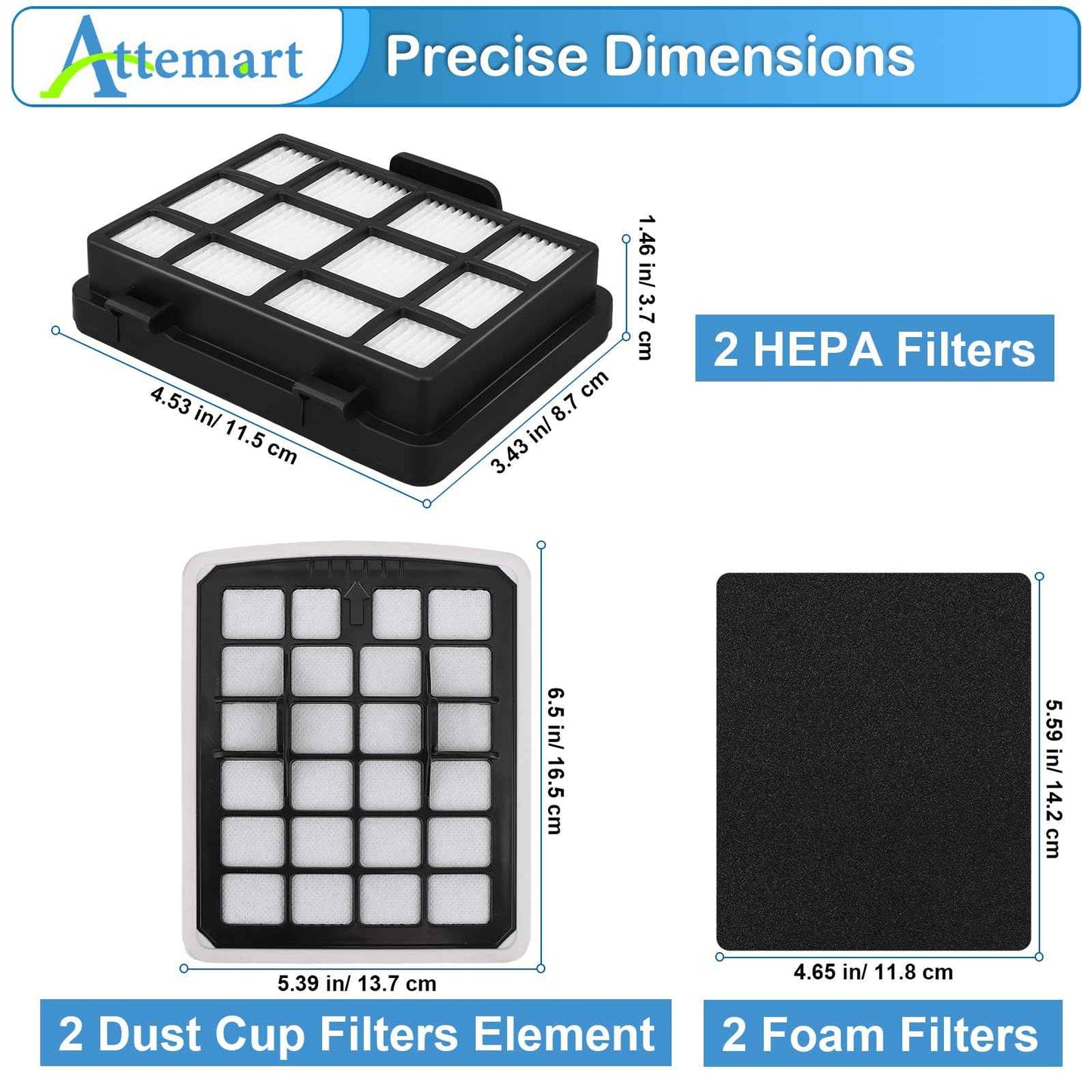 Attemart Replacment Filter Compatible with Eureka NEN186BL NEN180 Bagless Canister Vacuum Cleaner Replacement Parts, 2 Filters & 2 Dust Cup Filters Element, 4 Pack