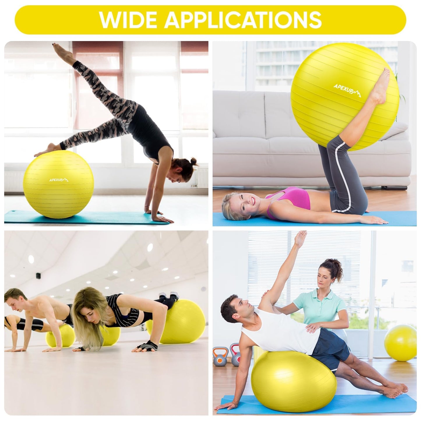APEXUP Yoga Ball, 660 lbs Anti-Burst Exercise Ball with Pump, 5 Sizes (S (15"~18") 45cm, Yellow)