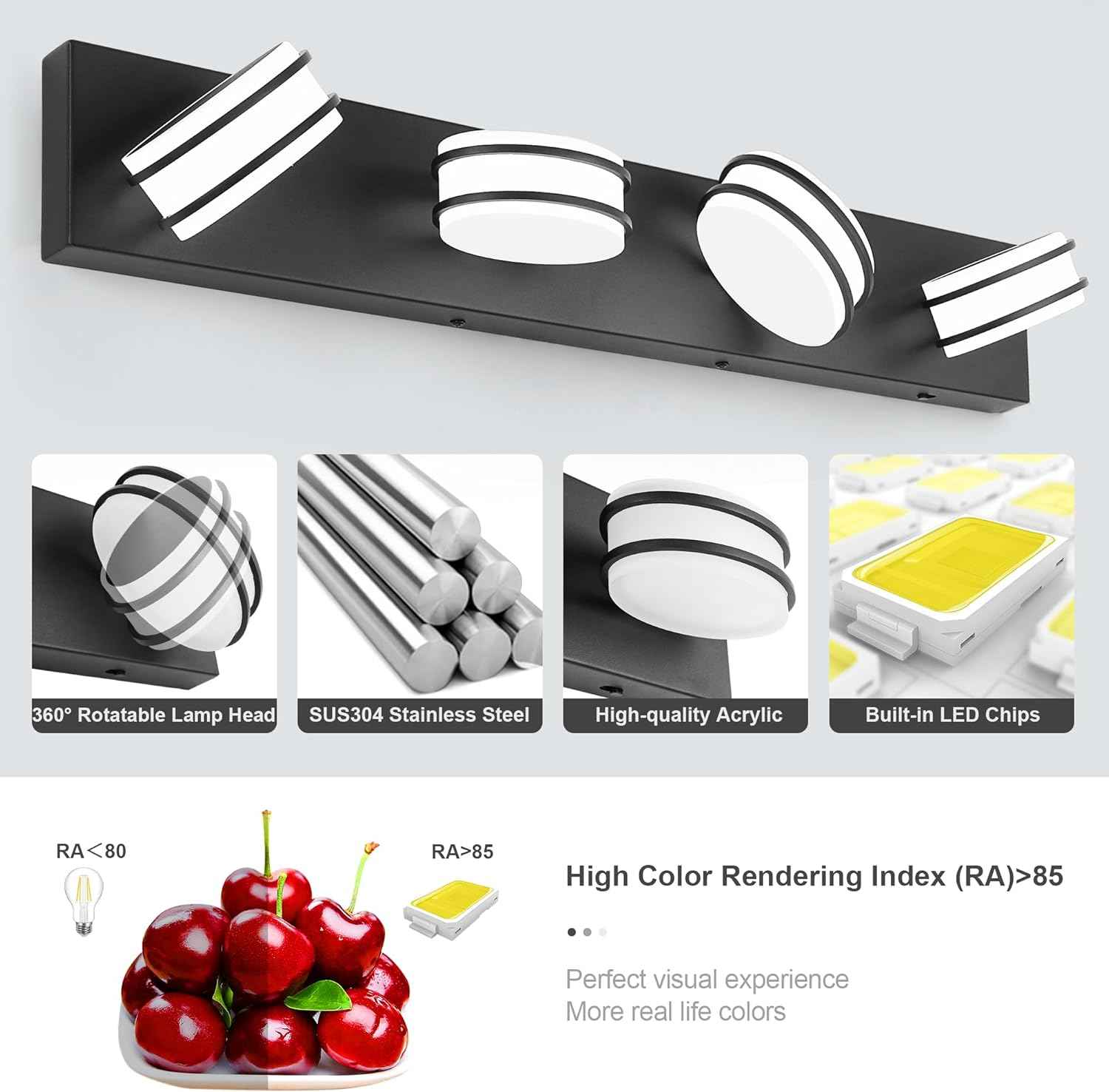 LED Chrome 3-Light Dimmable Bathroom Vanity Light Fixture - Modern Acrylic & Stainless Steel Over Mirror Lighting
