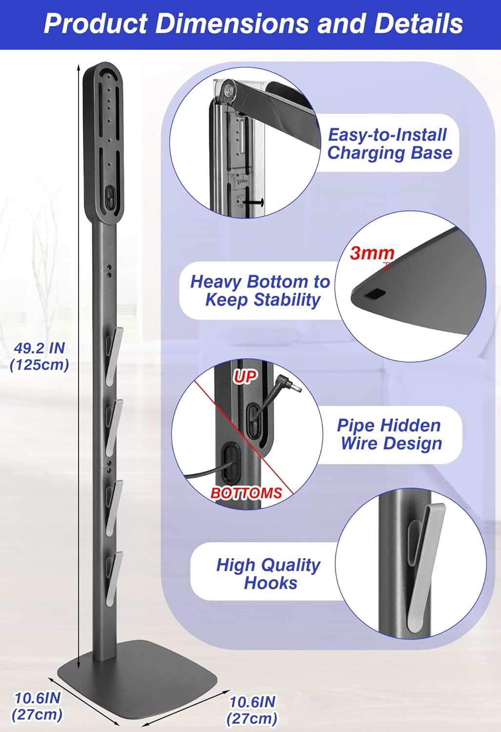 Dyson Vacuum Stand & Holder for Gen5 V15 V12 V11 V10 V8 V7 V6 - Metal Storage Bracket with Hidden Cord Design