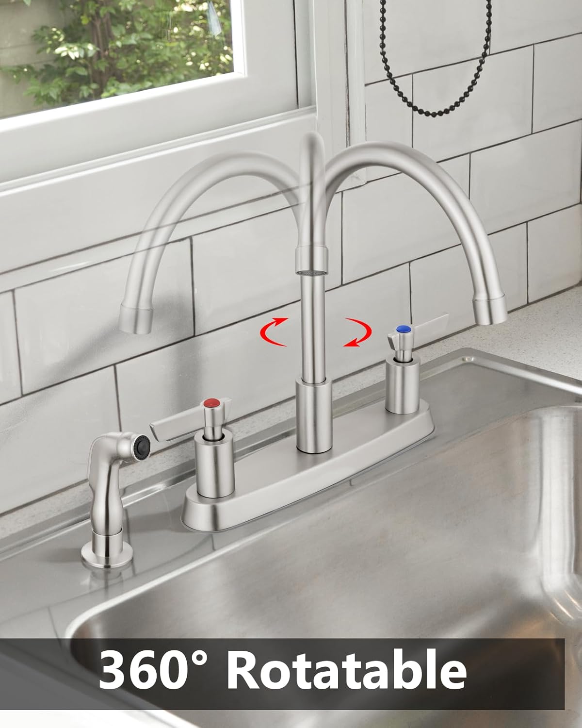 Brushed Nickel Kitchen Faucet with Sprayer - 2 Handle 8-Inch Centerset 3 Hole