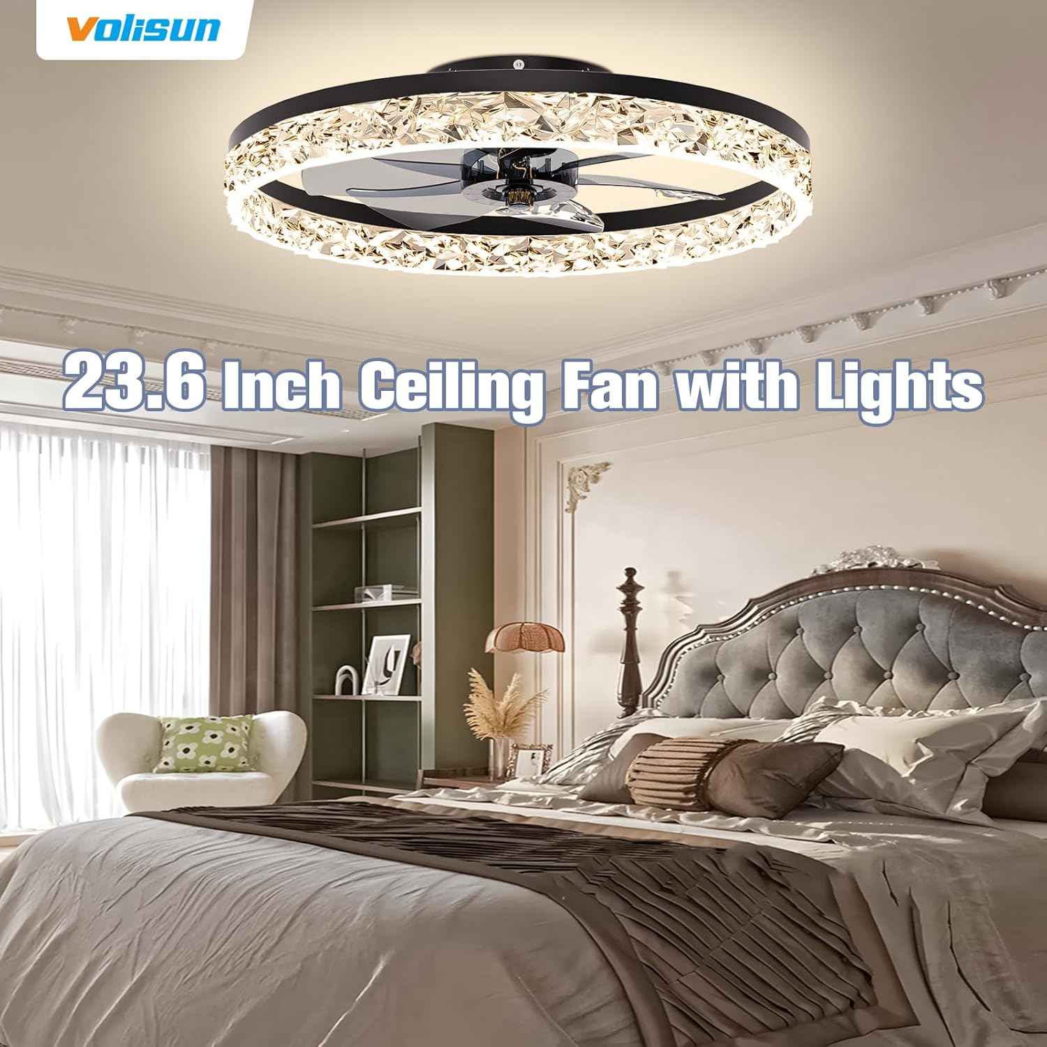 Modern Bladeless Ceiling Fan with Light & Remote - 15.7in Low Profile Fandelier, Dimmable 3000K-6500K for Bedroom