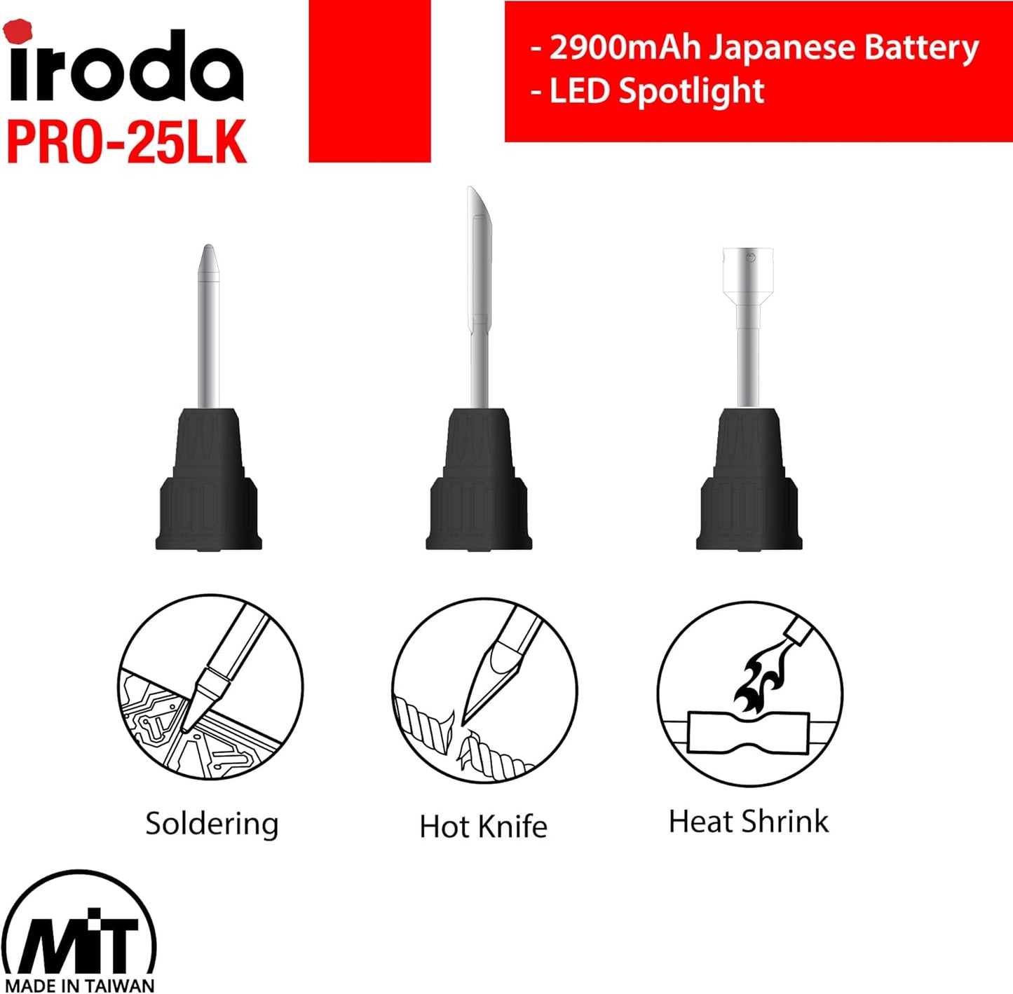 Rechargeable Iroda SolderPro 25LK Soldering Iron Kit - 30W USB Type C, 3200mAh Battery, LED Spotlight, 3 Tips & Case