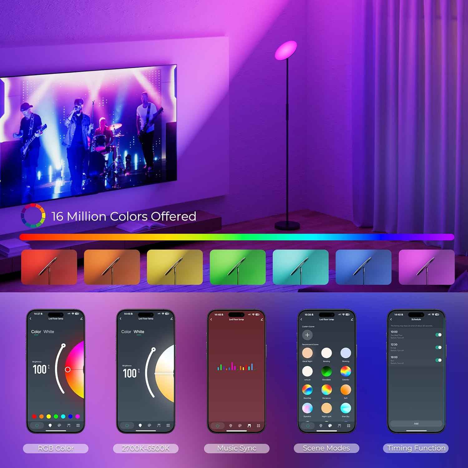 Smart RGBWW Floor Lamp with Voice Control & App, 2800LM Color Changing Torchiere for Living Room, 69.3in Rotating LED Lamp