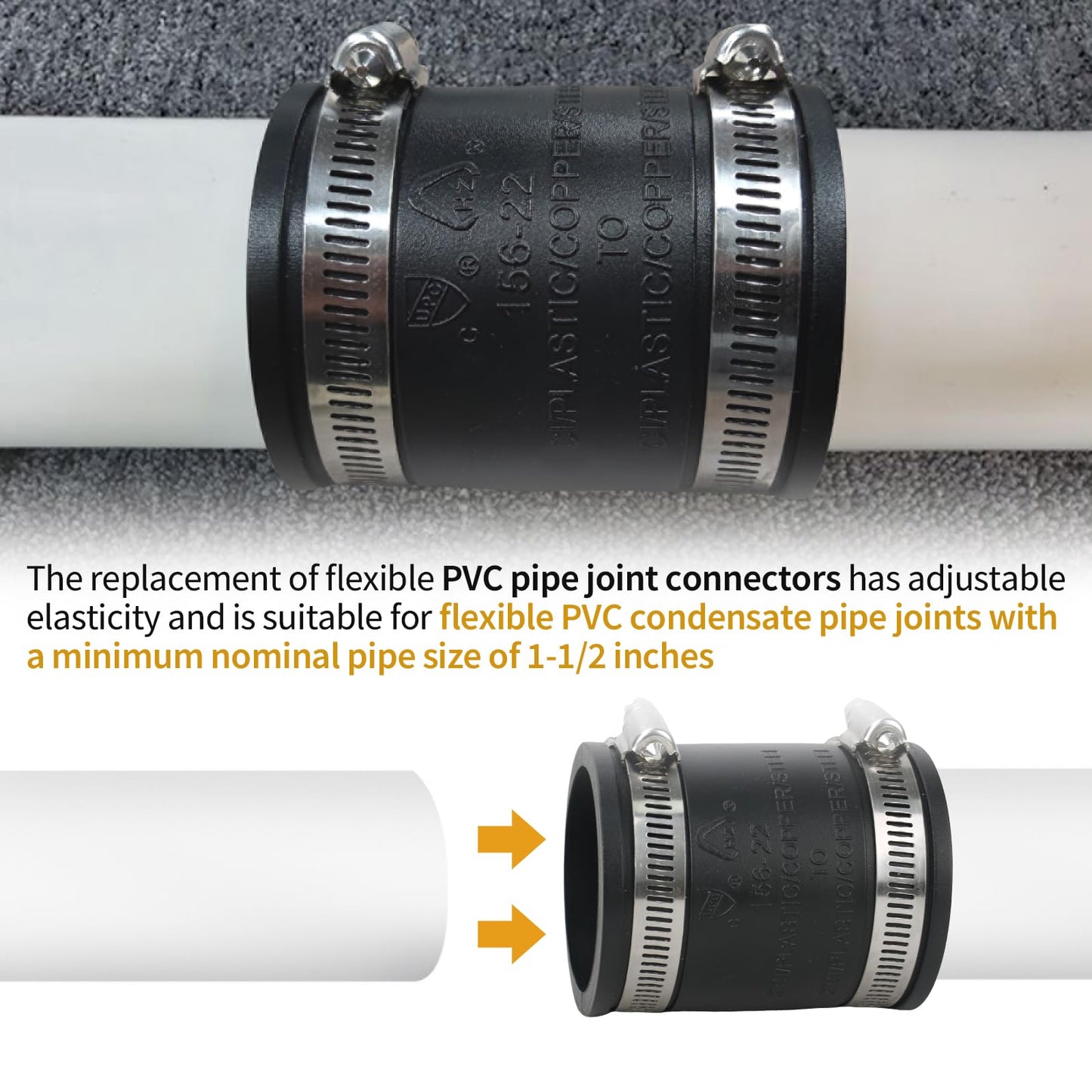 Flexible PVC Pipe Coupling with Rubber Hose Clamps for Flex Coupling1-1/2 Inch Nominal Pipe Drain Repair, Dust Hose,Plumbing Connection,Cast Iron,Plastic Pipe Upgrade, PVC Condensate Pipe Coupling