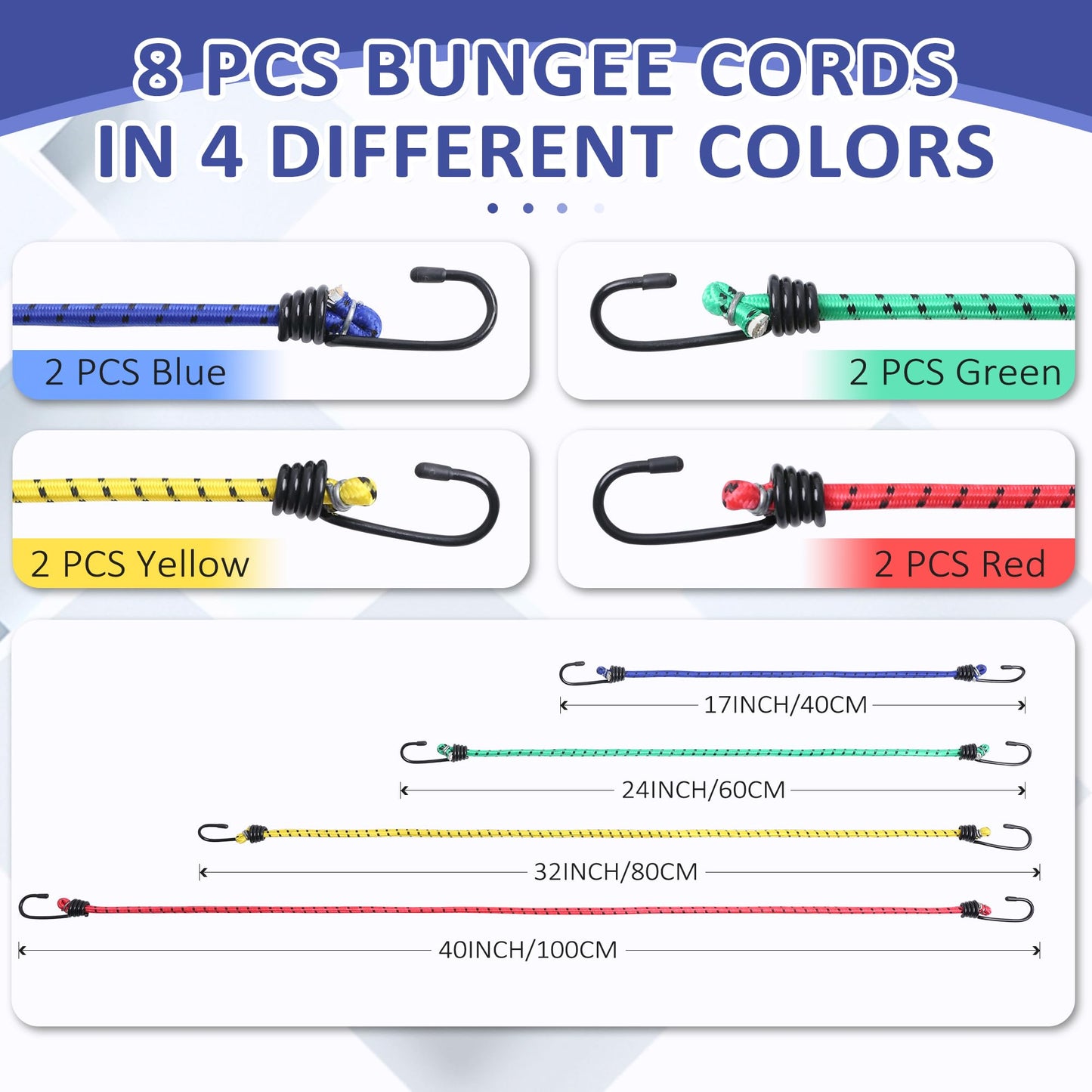 Roadtofree 8 Pack Bungee Cords with Hooks,Elastic Bungee Straps,Includes 40",32", 24", 16",Heavy Duty Outdoor Bungie Straps to Packing for Tent,Camping,Fastening Items,Storing Packages