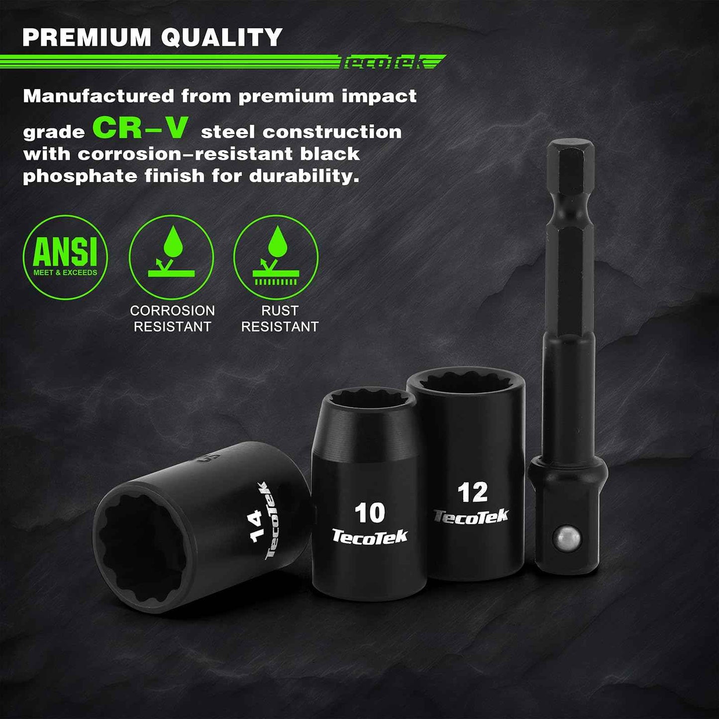 TecoTek 14 Pieces 3/8-Inch Drive Impact Socket Set, 12-Point, Metric, Shallow, CR-V, 7mm to 19mm, Drill Socket Adapter 3/8"