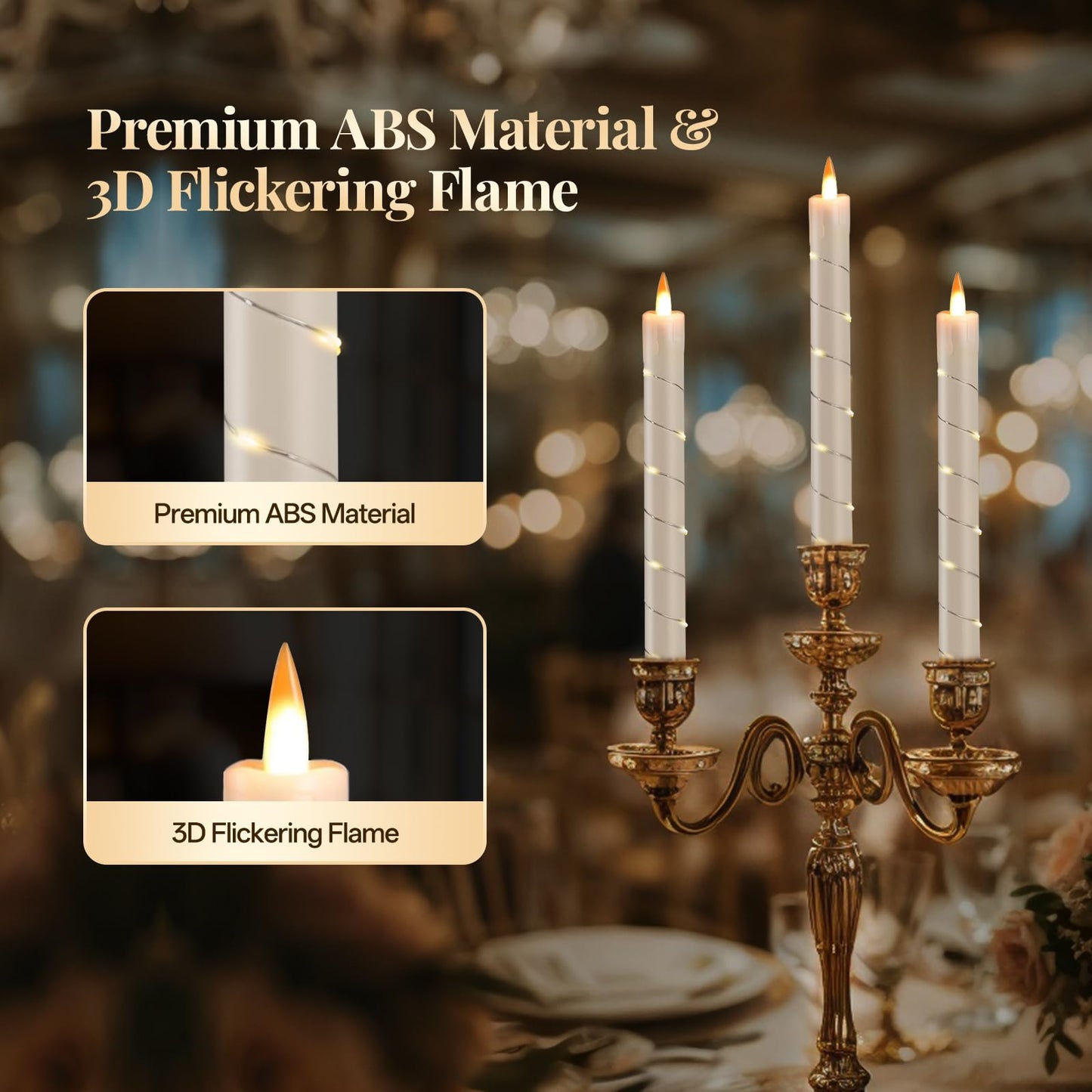 Rlojru 3pcs Flameless Taper Candle with Remote, Battery Powered, Timer, 3 Ivory ABS Candlesticks, 11 Mini Surround String Lights, 9.4 Inch LED Candles, Halloween Christmas Home Decor