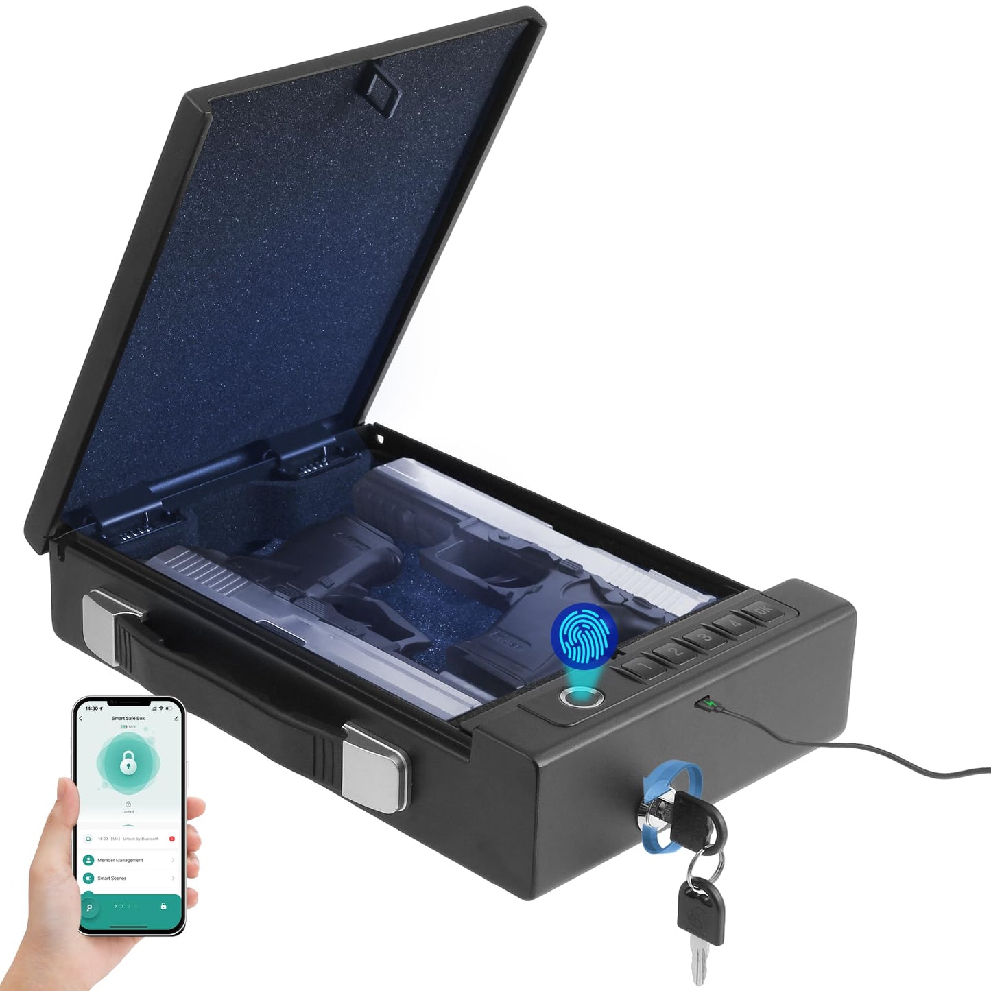 Portable Biometric Gun Safe for Handgun - Gun Safe for Car, Pistol Safe with 4 Ways: Fingerprint, Digital PIN, Key and APP Lock, Gun Lock Box with Sound for Nightstand, Cloakroom (Battery)
