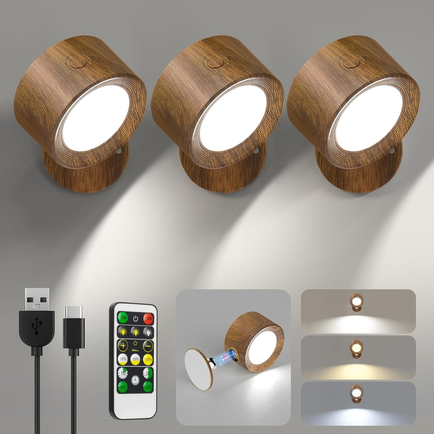 Rechargeable LED Wall Mounted Lights - 3 Pack with Remote, Dimmable & 360° Rotation for Bedroom