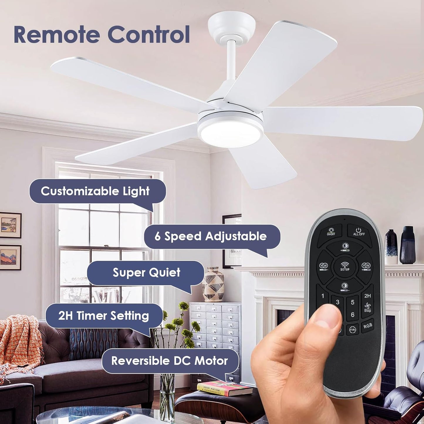 46” Black Low Profile Ceiling Fan with Lights & Remote Control - Dimmable, Noiseless, Reversible for Bedroom
