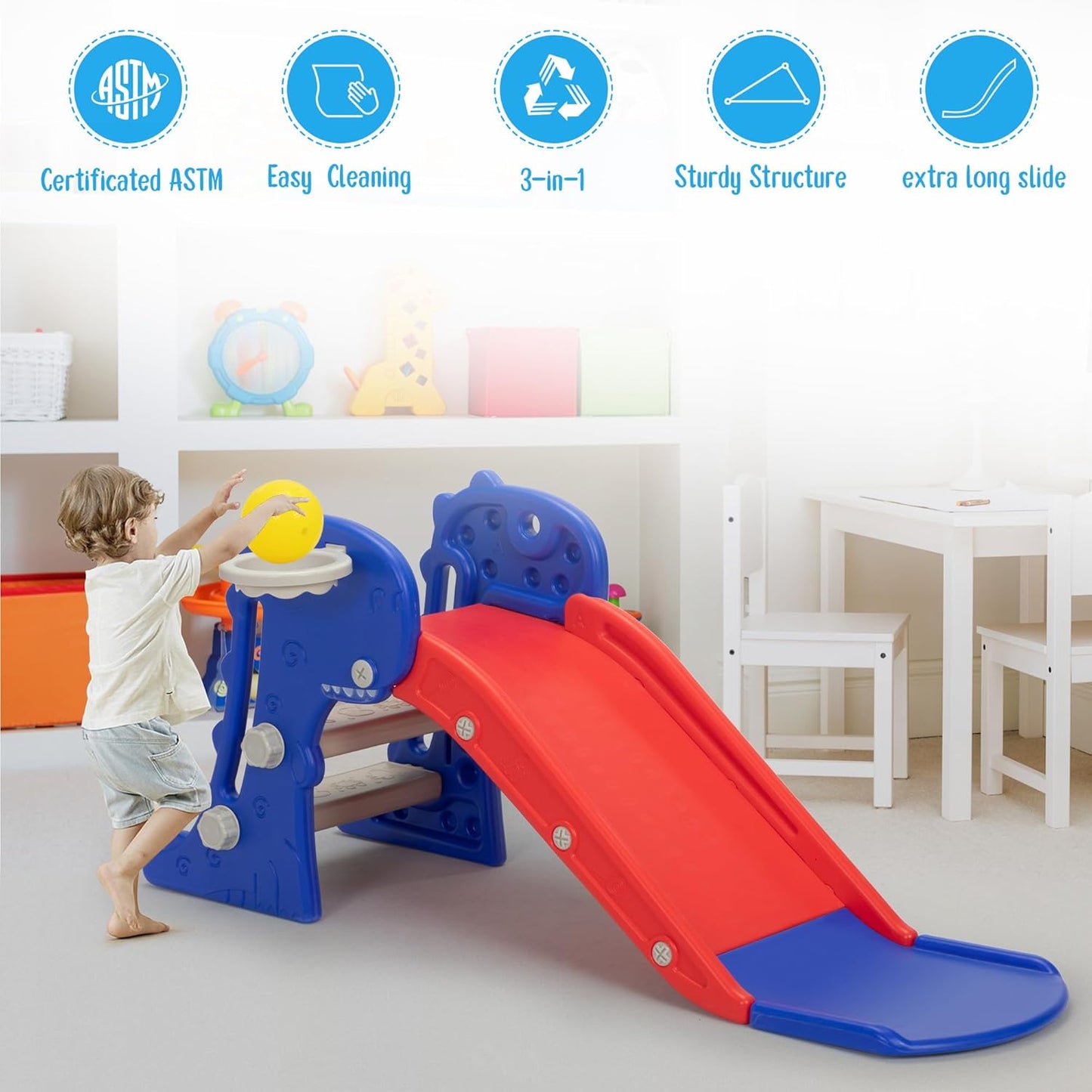 Nyeekoy Toddler Slide - 3 in 1 Kids Climber Playset with Basketball Hoop | Indoor/Outdoor Fun