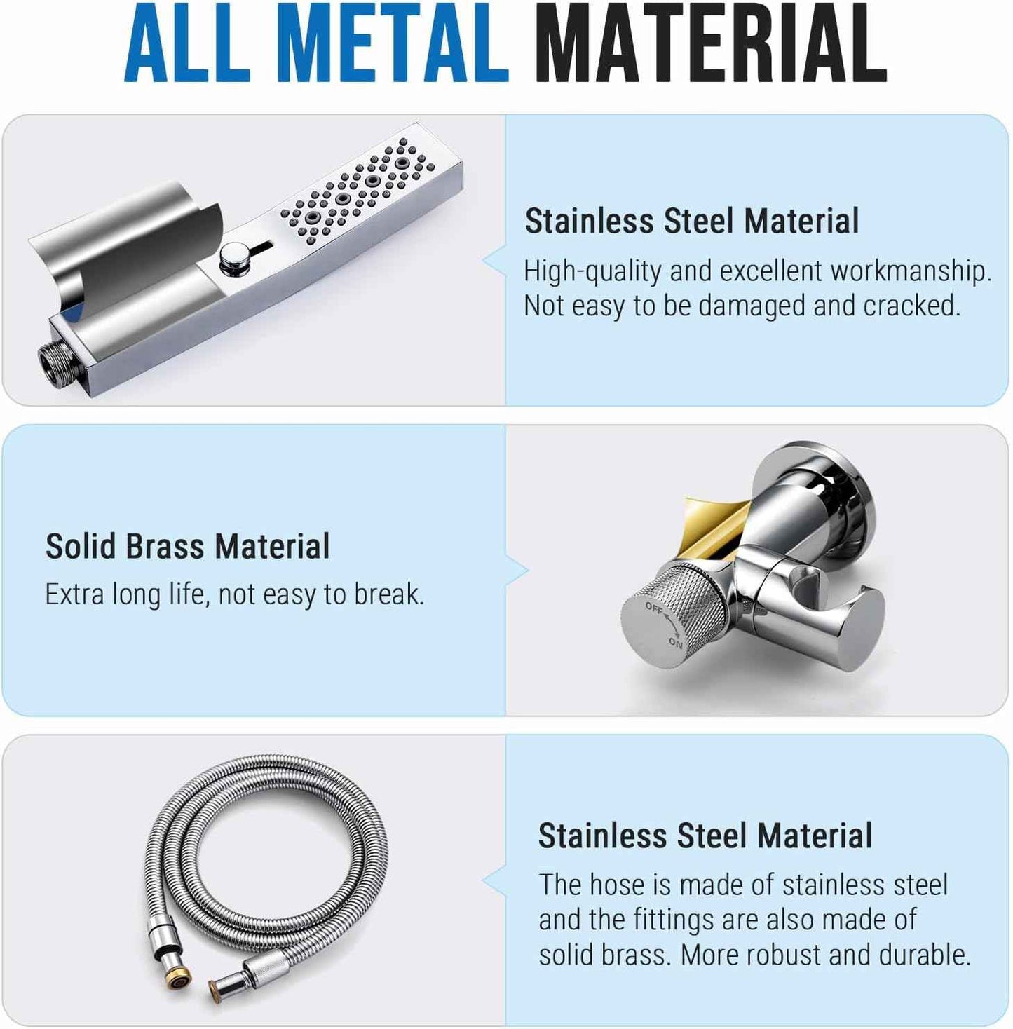 All Metal Handheld Shower Set with 3-Function Wand & 70-Inch Stainless Steel Hose