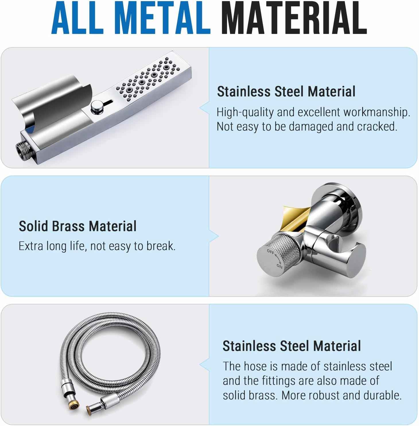 All Metal Handheld Shower Set with 3-Function Wand & 70-Inch Stainless Steel Hose