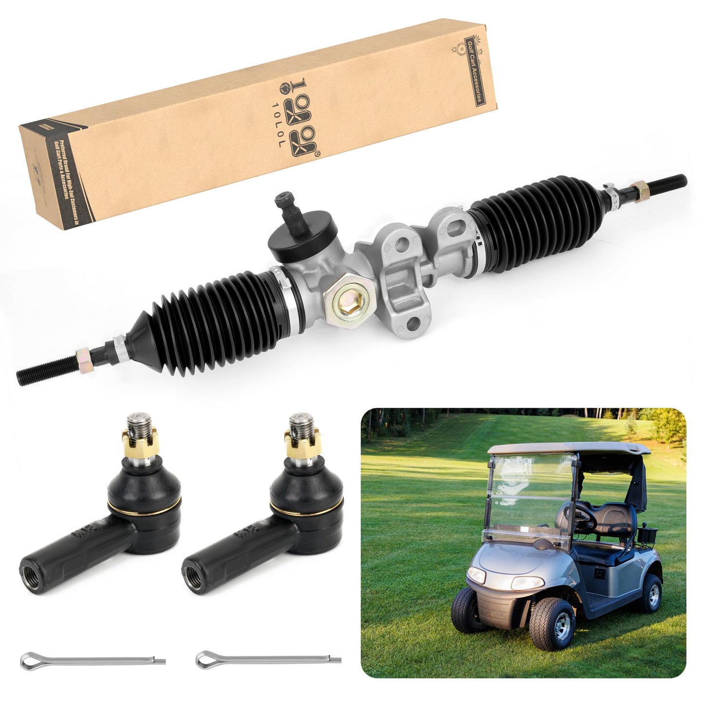 10L0L Golf Cart Steering Gear Box Assembly Replaces Part OEM# 601500 618329 for EZGO RXV 2008-Up Gas and Electric Carts Whit 2 Pcs Tie Rod Ends, Steering Rack Gear Box Assembly