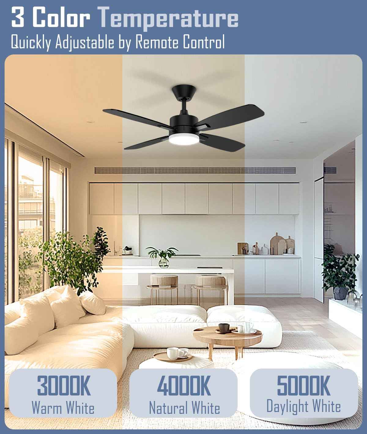 52-Inch Ceiling Fan with Remote Control & Dimmable Light - Noiseless DC Motor for Indoor/Outdoor Use
