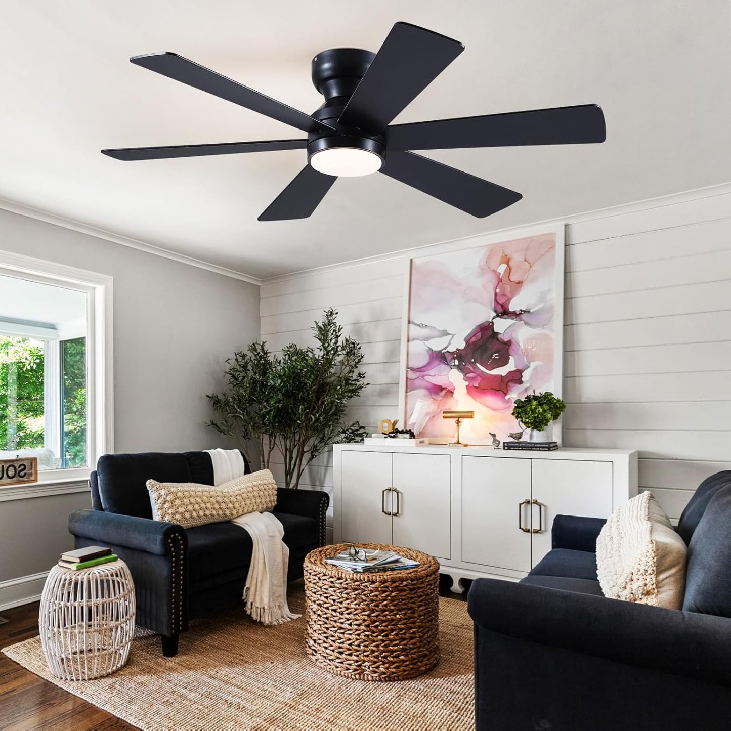 46” Black Low Profile Ceiling Fan with Lights & Remote Control - Dimmable, Noiseless, Reversible for Bedroom