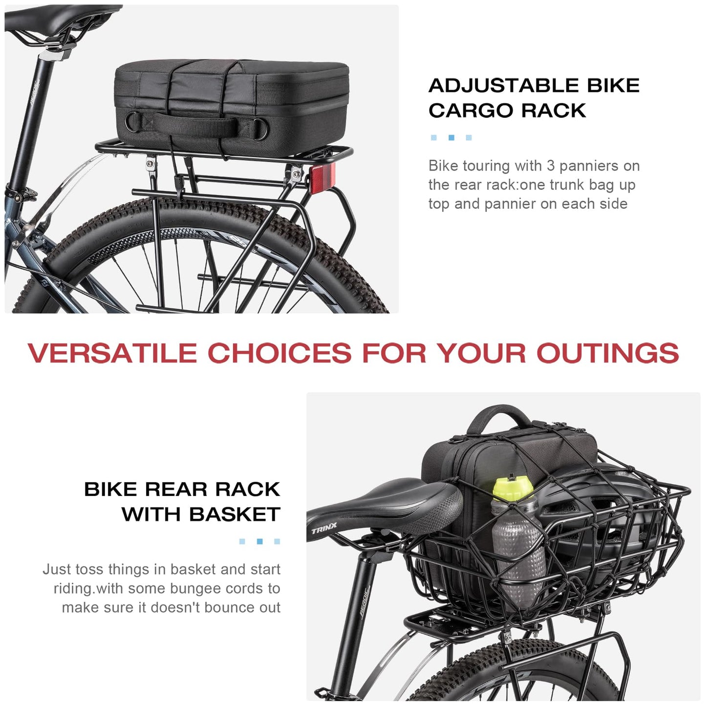 CXWXC Rear Bike Rack with Basket - Bike Cargo Rack for Disc Brake/Non-Disc Brake Mount - Bicycle Pannier Rack, Touring Carrier Rack fit 26”-29” and 700c