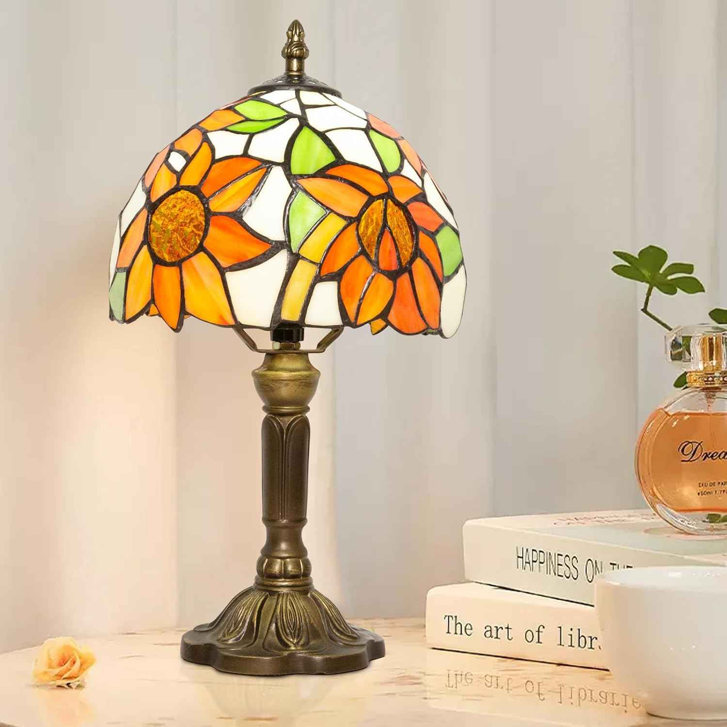 Tiffany Table Lamp - 8 Inch Antique Stained Glass, 3 Color Temperatures, Handcrafted for Bedroom & Living Room