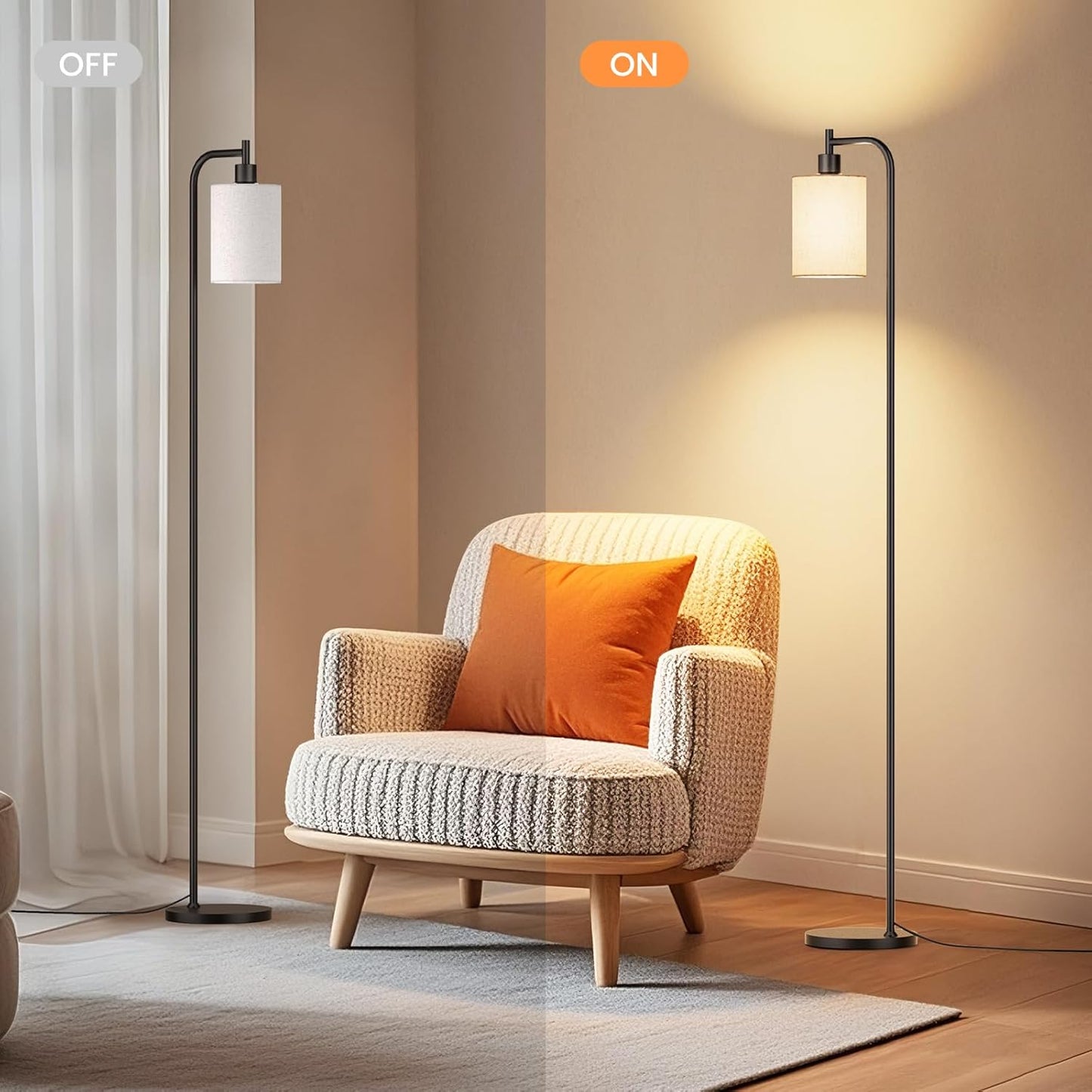 Dimmable Floor Lamp with Linen Shade & Remote Control - Modern 9W LED Standing Lamp for Living Room, Bedroom, Office