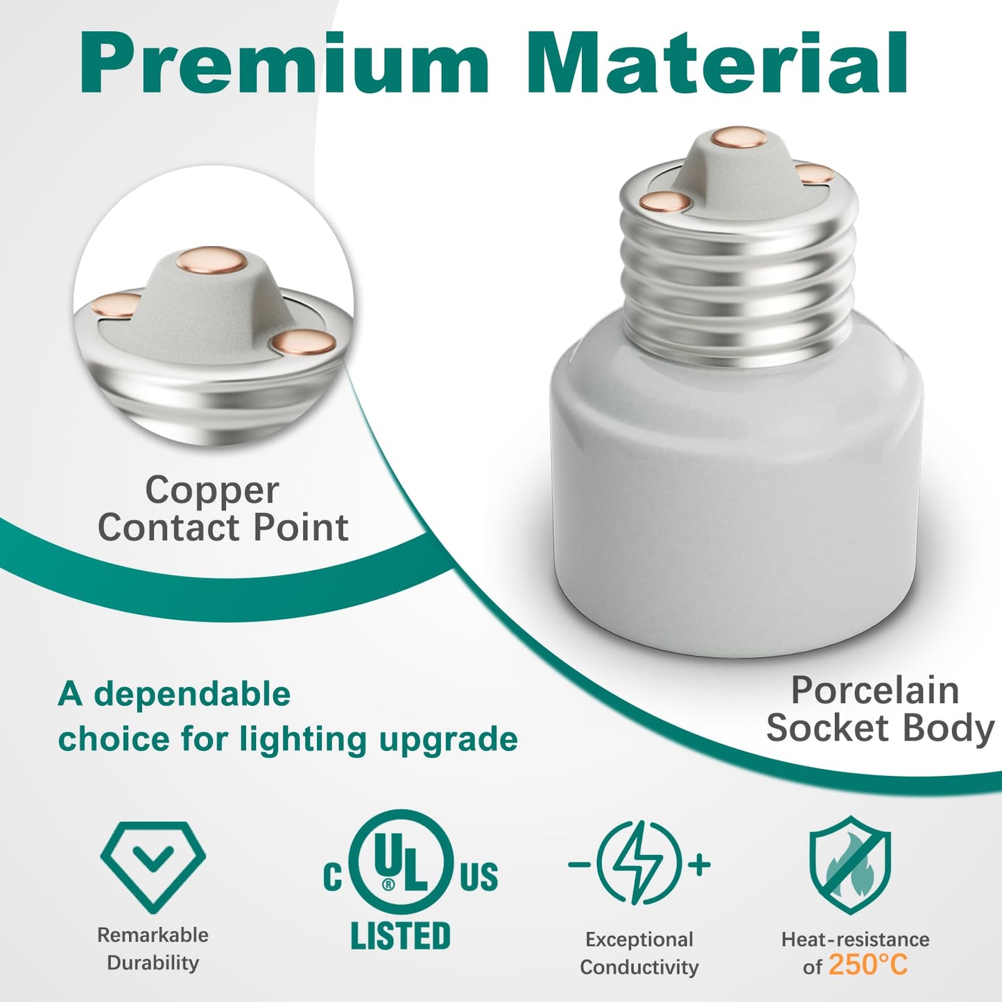 DiCUNO Light Socket Extender, UL Listed Porcelain Light Socket Extension Adapter, E26 to E26 Medium Base Extension Converter for Recessed Bulb, 660W, 250V, Bulb Extender, 2 Pack